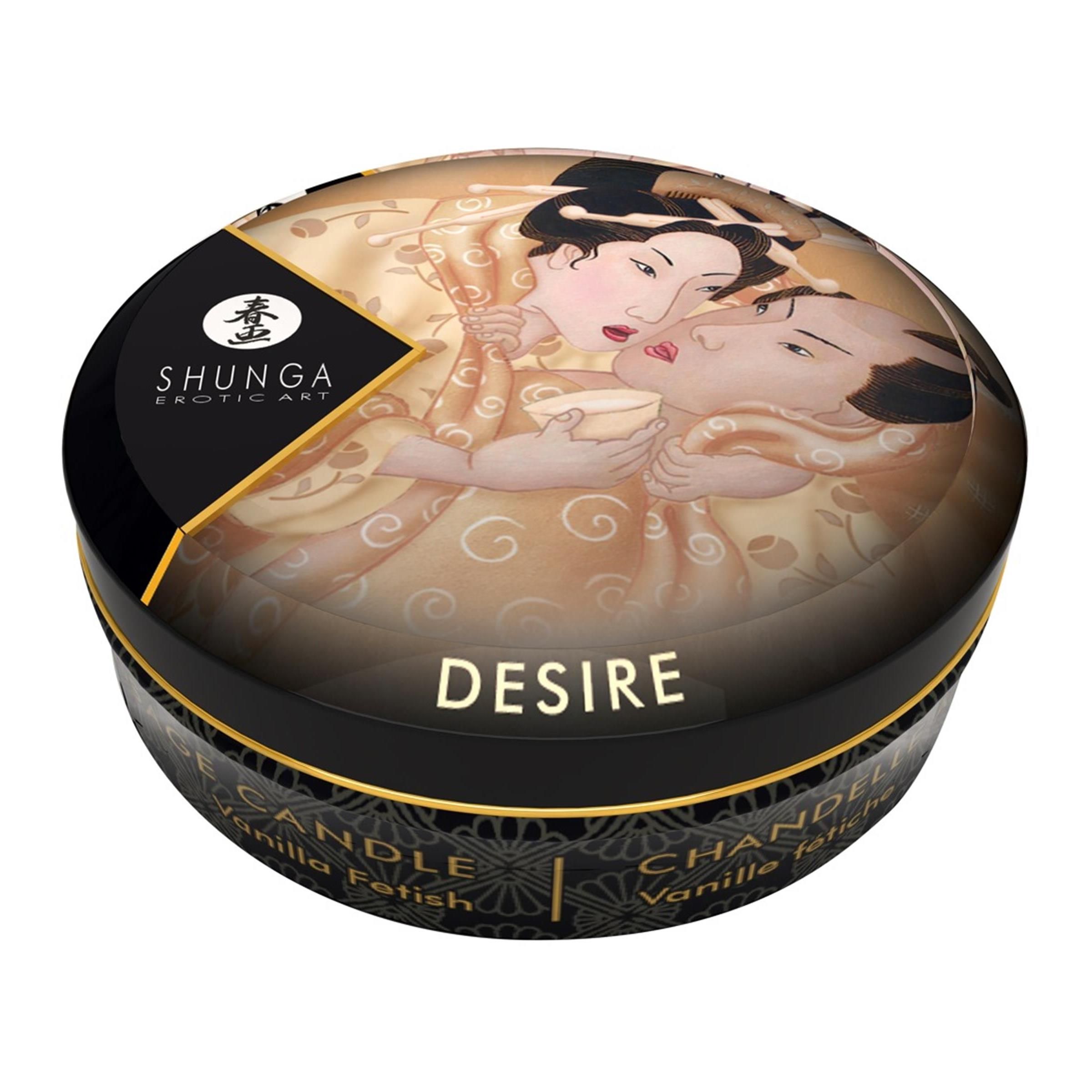 Runde Dose mit Deckel, "Desire" Aufschrift, "Shunga Erotic Art" Logo, asiatisches Kunstwerk.