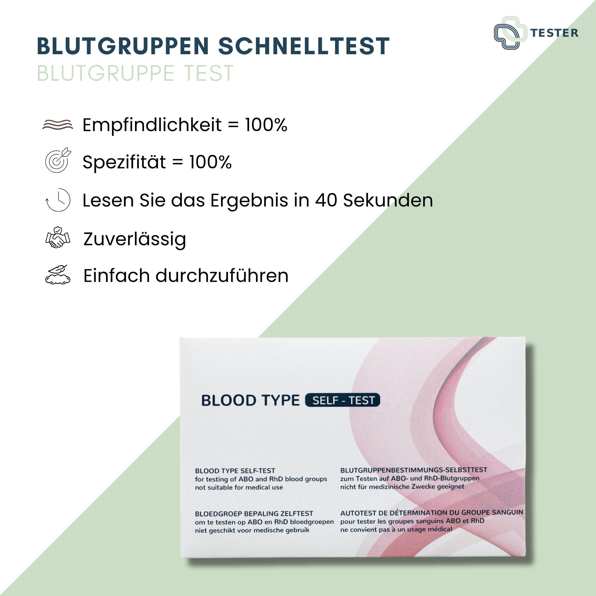 Produktverpackung mit Text und Icons. Text: Empfindlichkeit = 100%, Spezifität = 100%, Ergebnis in 40 Sekunden, Zuverlässig, Einfach durchzuführen.