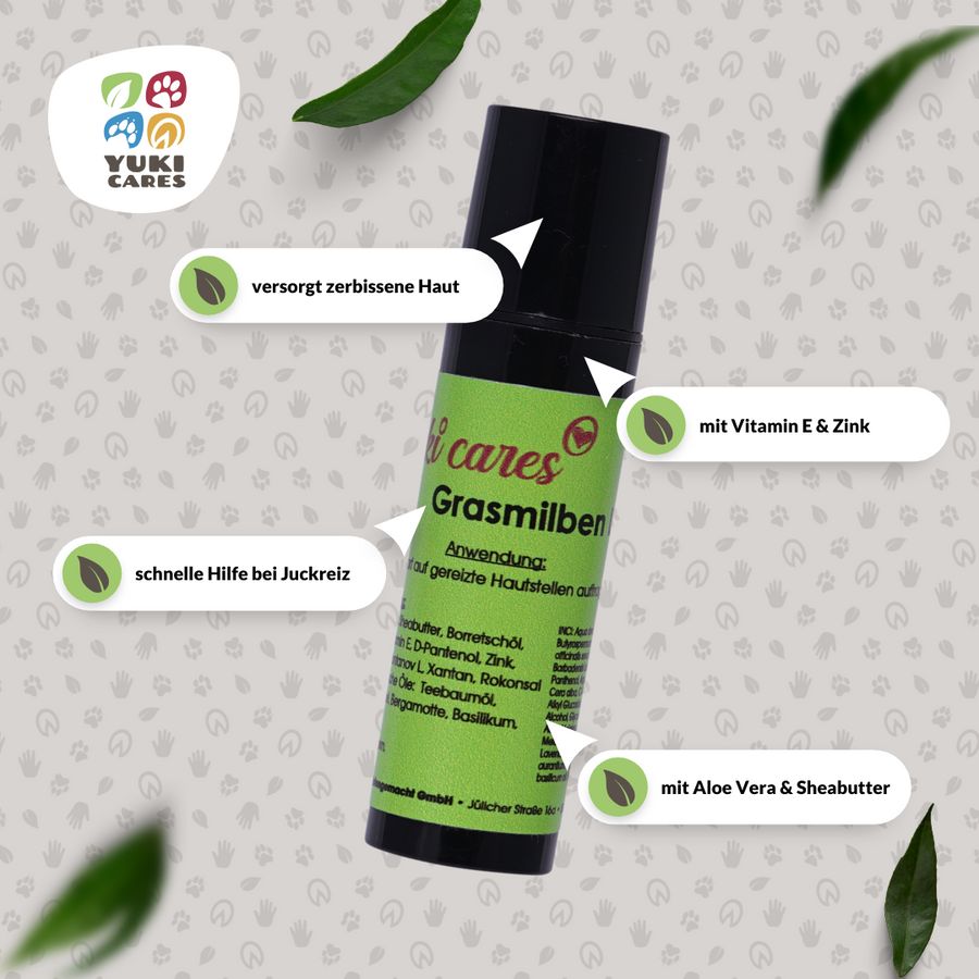 Schwarze Flasche mit "Yuki cares Grasmilben"-Etikett. Text: schnelle Hilfe bei Juckreiz, mit Vitamin E & Zink, mit Aloe Vera & Sheabutter.