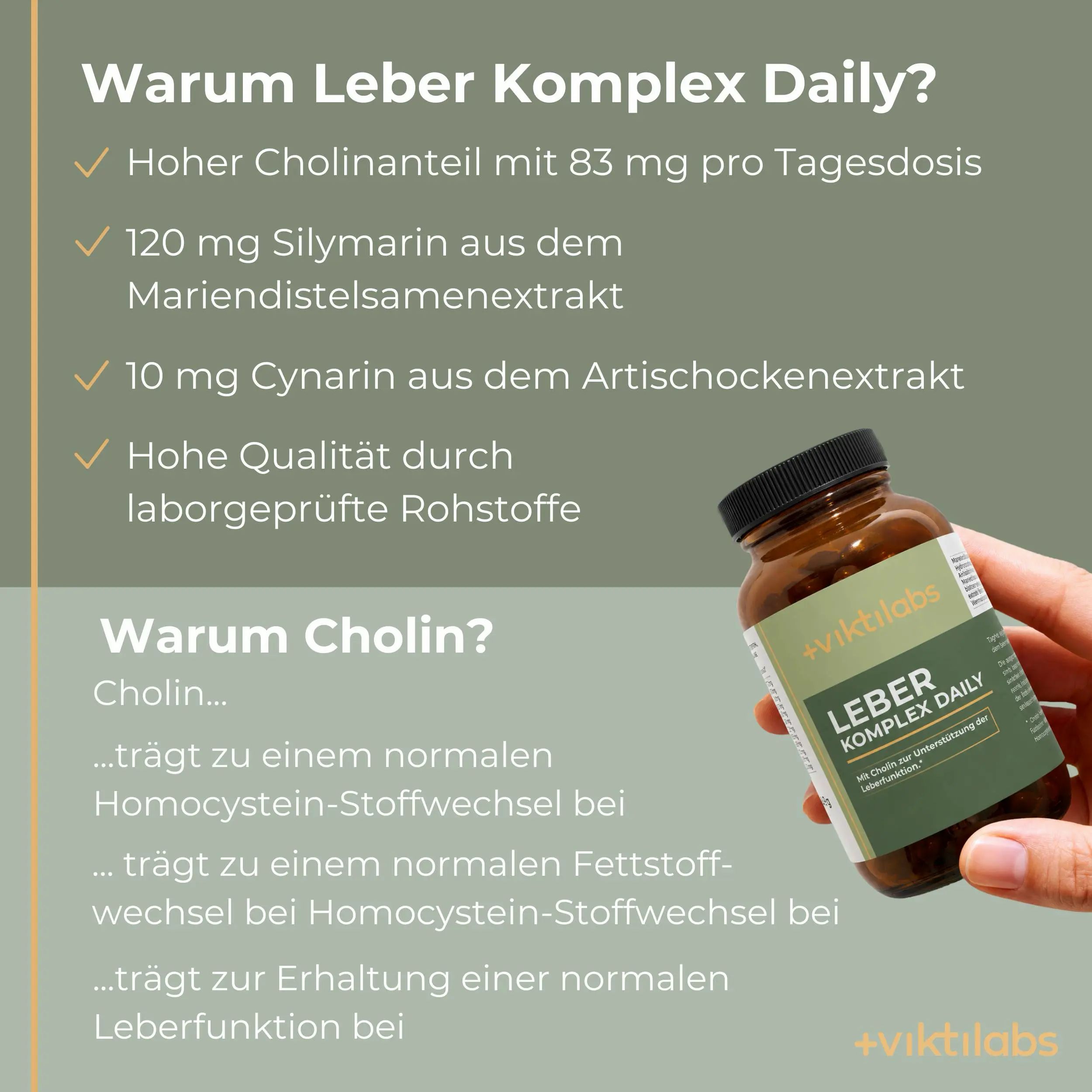 Viktilabs Leber Komplex Daily Flasche in der Hand, mit Text über Cholin und Vorteile.