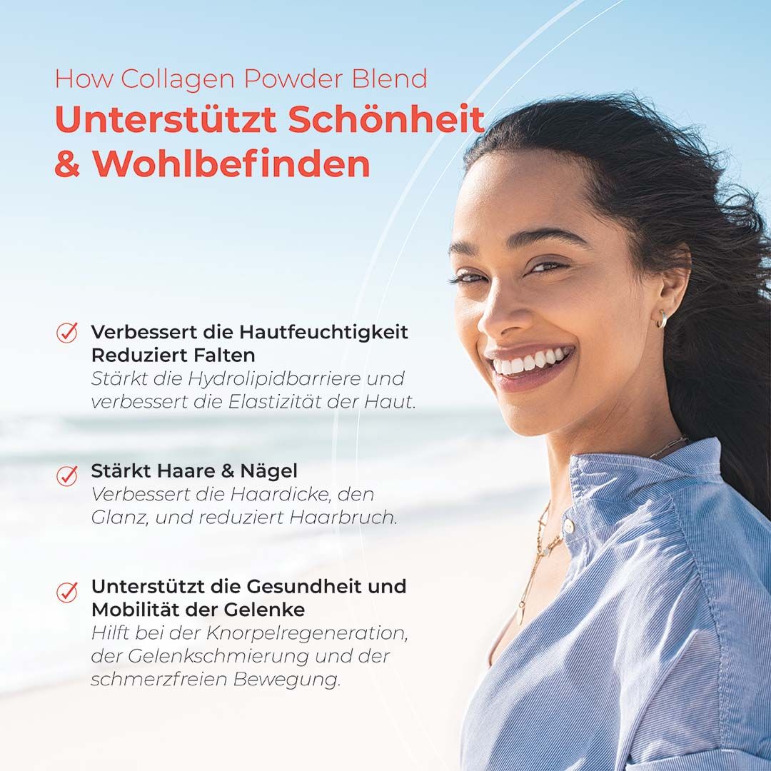 Frau am Strand, lächelnd. Text über Vorteile von Collagen Powder Blend für Schönheit und Wohlbefinden.