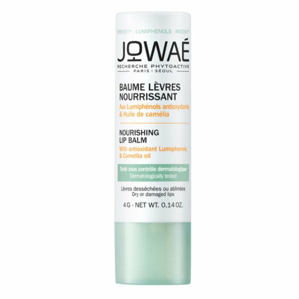Lippenbalsam-Stift mit weißem Deckel und grünem Unterteil. Produktname und Inhaltsstoffe sind aufgedruckt.