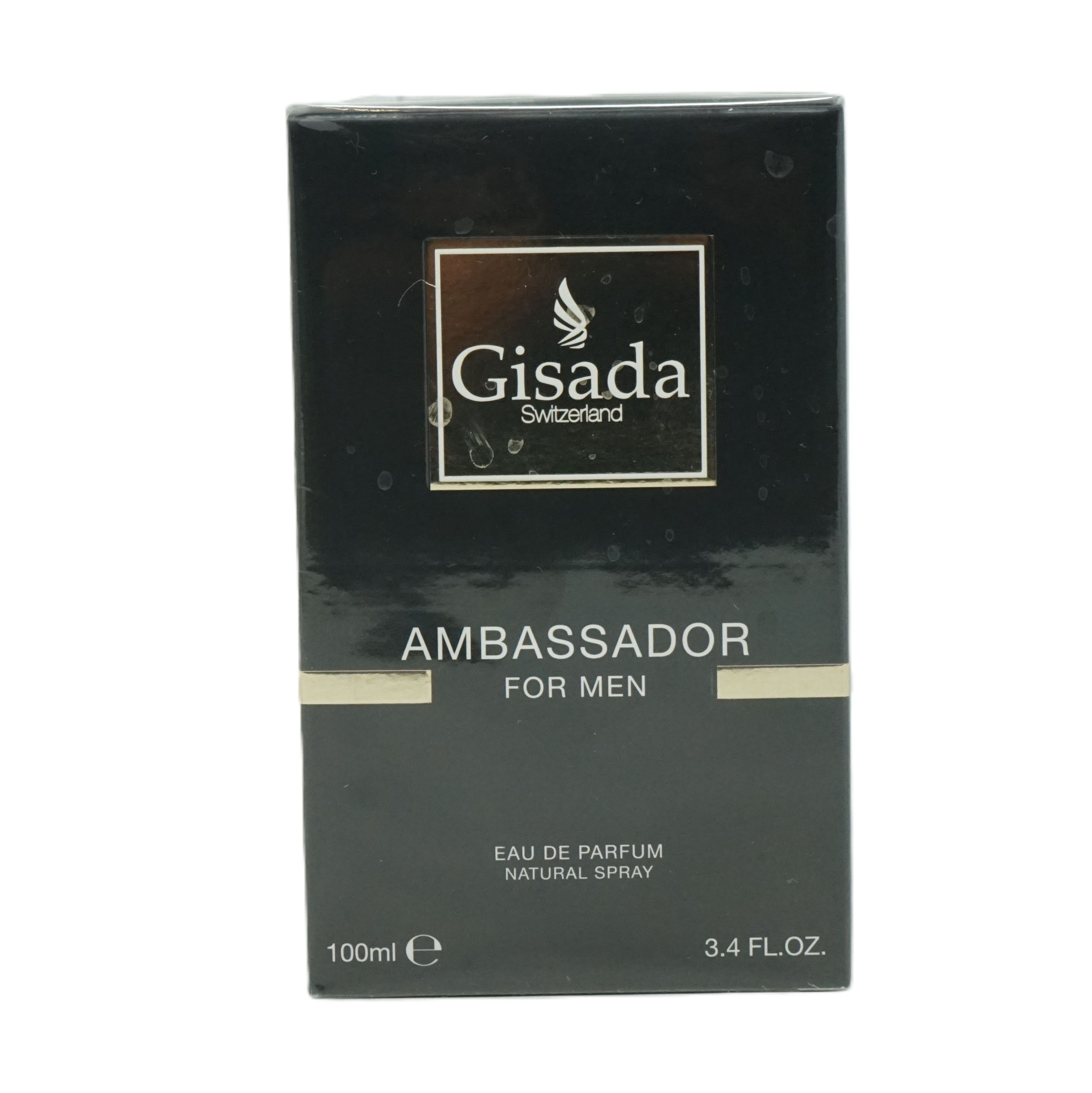 Schwarzer Karton mit Gisada-Logo und Schriftzug AMBASSADOR FOR MEN. 100ml, 3.4 FL.OZ.