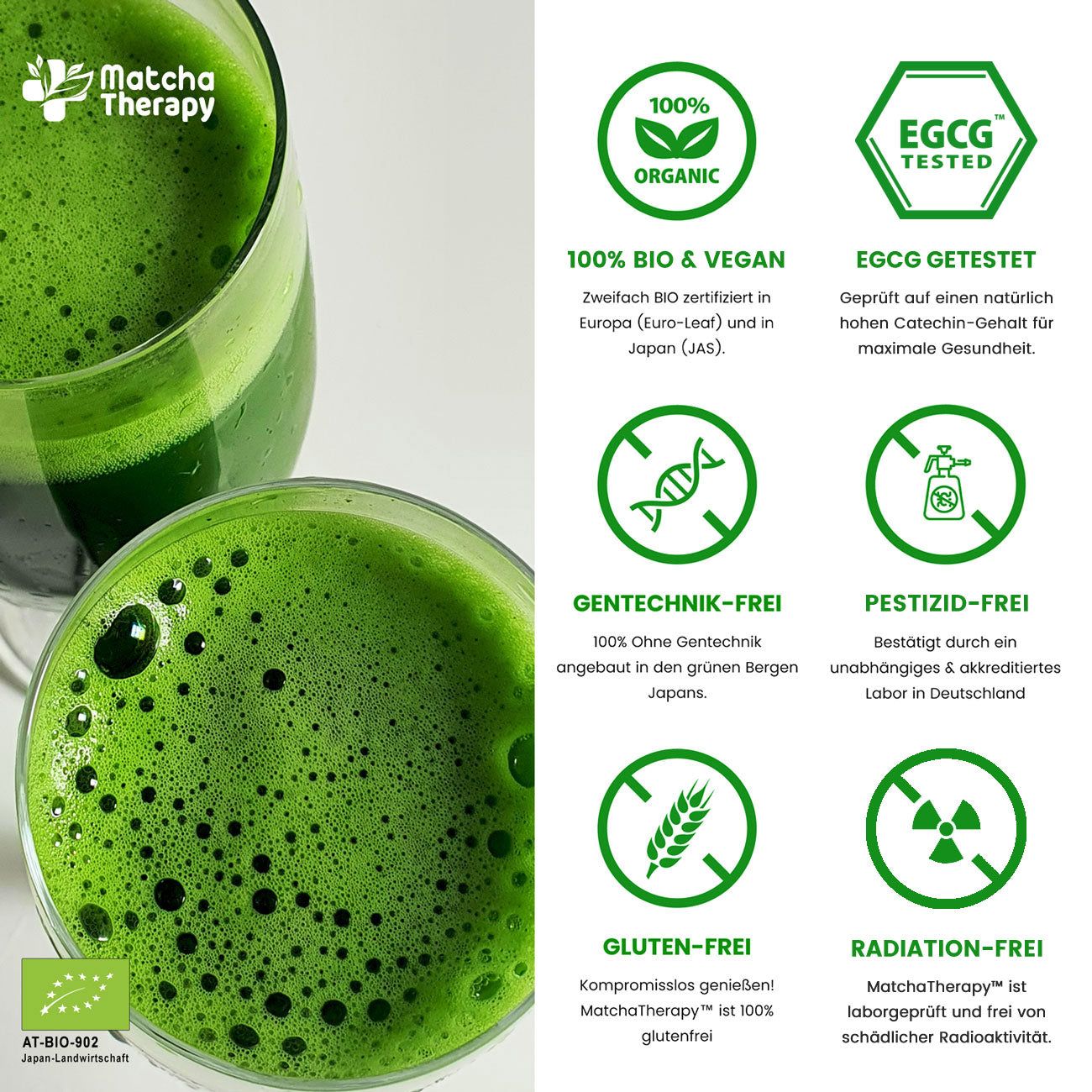 Zwei Gläser Matcha-Getränk. Logos: 100% Organic, EGCG getestet, Gentechnik-frei, Pestizid-frei, Gluten-frei, Strahlungsfrei.