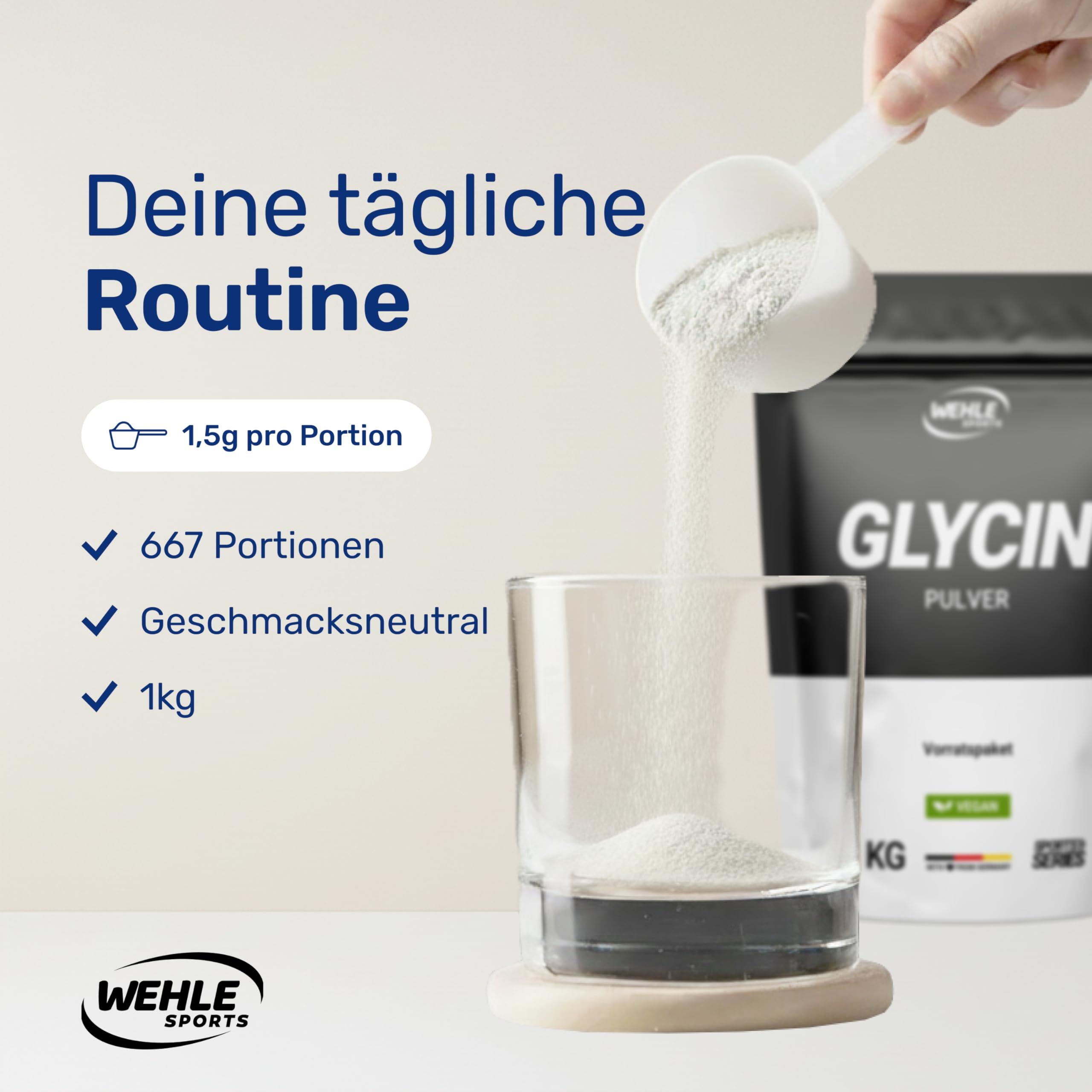 Glas mit Pulver, Messlöffel. Aufschrift: 1,5g pro Portion, 667 Portionen, Geschmacksneutral, 1kg. Marke: WEHLE SPORTS.