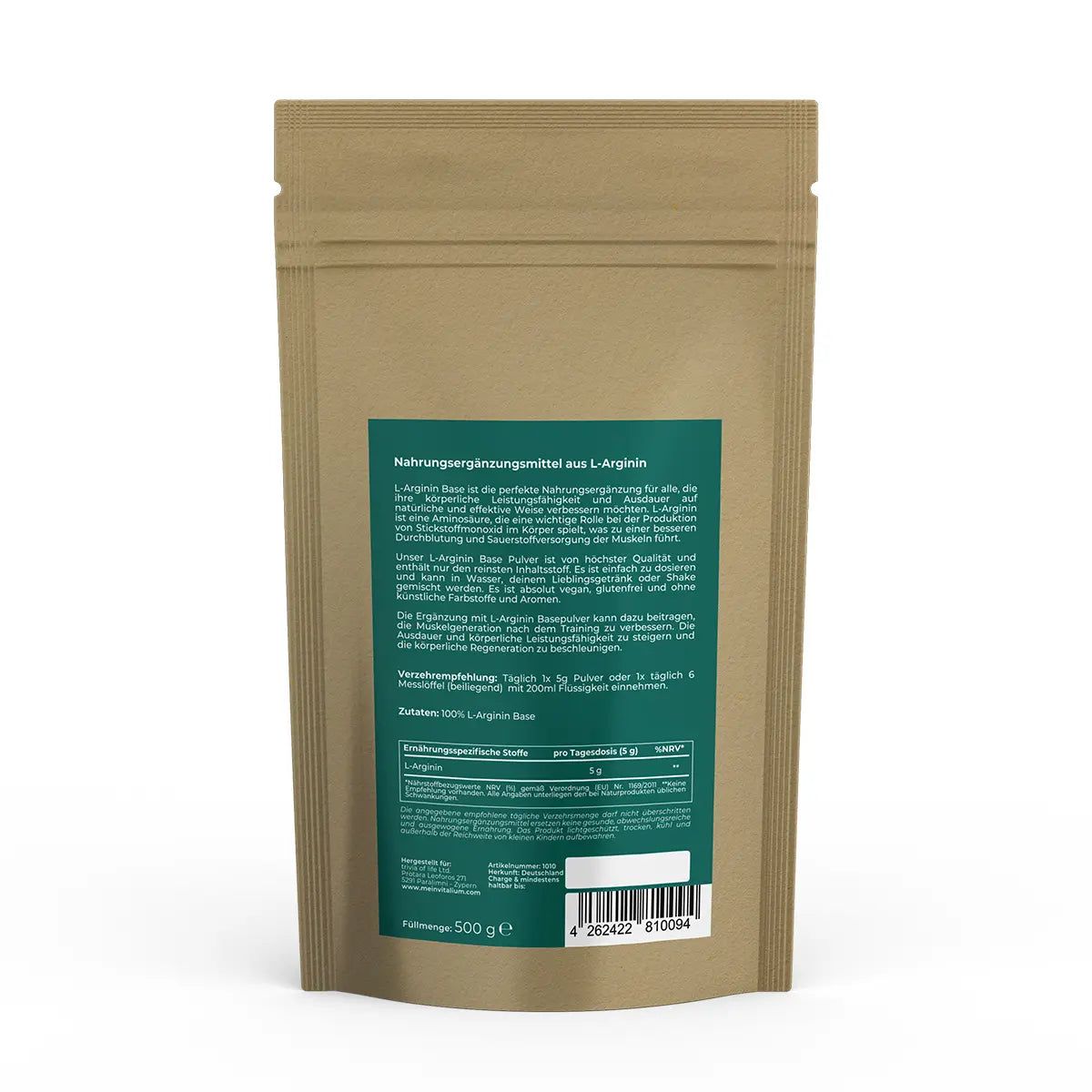 Rückseite des Beutels. Text: Nährwertangaben, Inhaltsstoffe, Herstellerinformationen. Siegel: Bio. Hintergrund: hell.