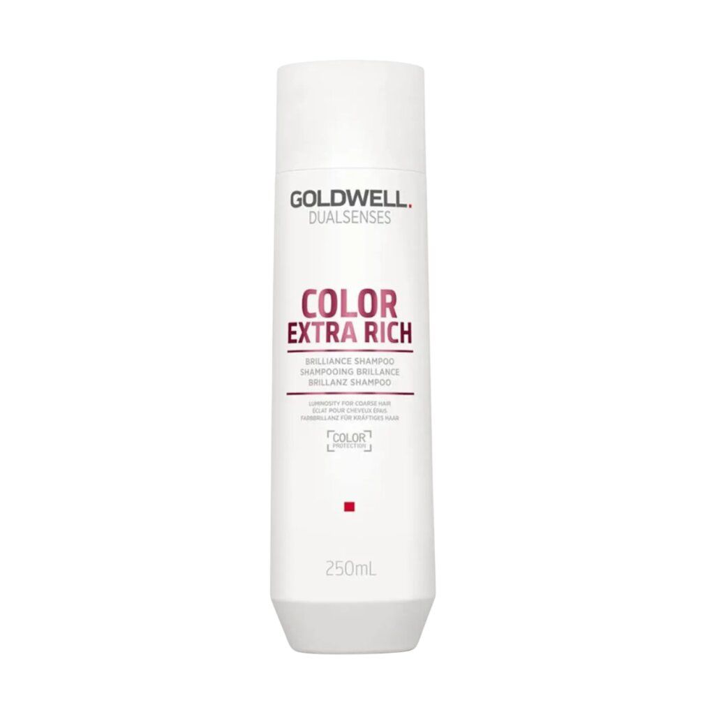 Weißes Shampoo mit Schriftzug COLOR EXTRA RICH. Marke GOLDWELL. 250ml. Aufschrift: Brilliance Shampoo.