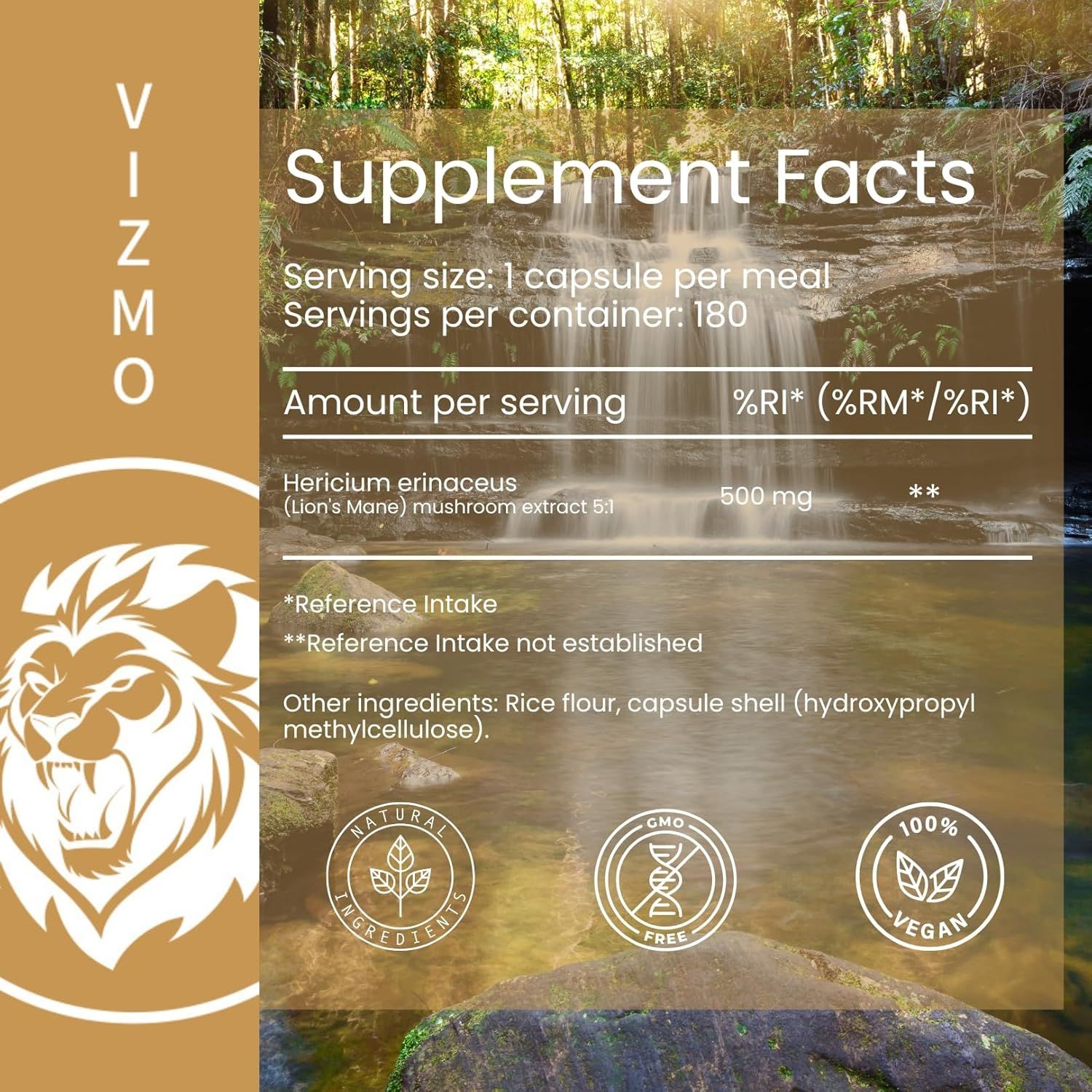 Nahrungsergänzungsmittel-Fakten. "VIZMO" Logo. Informationen zu Inhaltsstoffen, Dosierung und Zertifizierungen.