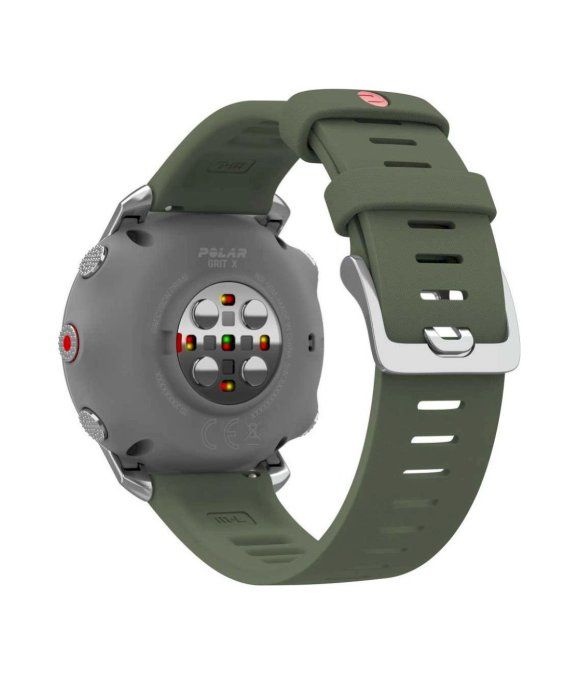 Rückseite der grünen Smartwatch. Sensoren, Marke POLAR und Modell GRIT X. Grünes Armband mit silberner Schnalle.