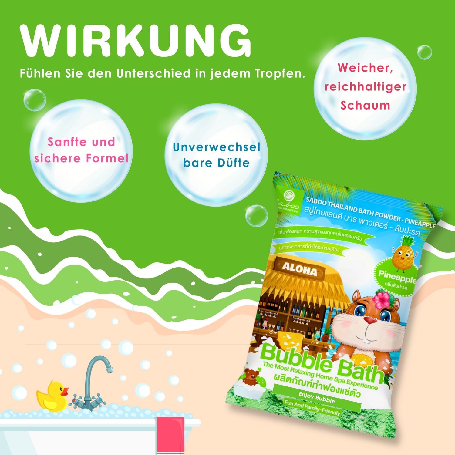 Wirkung des Badezusatzes. Text und Illustrationen. Sanfte Formel, unverwechselbare Düfte, weicher Schaum. Badezimmer-Szene.