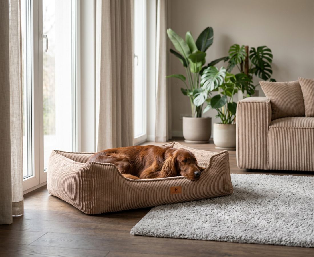 Ein Irish Setter ruht in einem braunen Cord-Hundebett in einem Wohnzimmer.