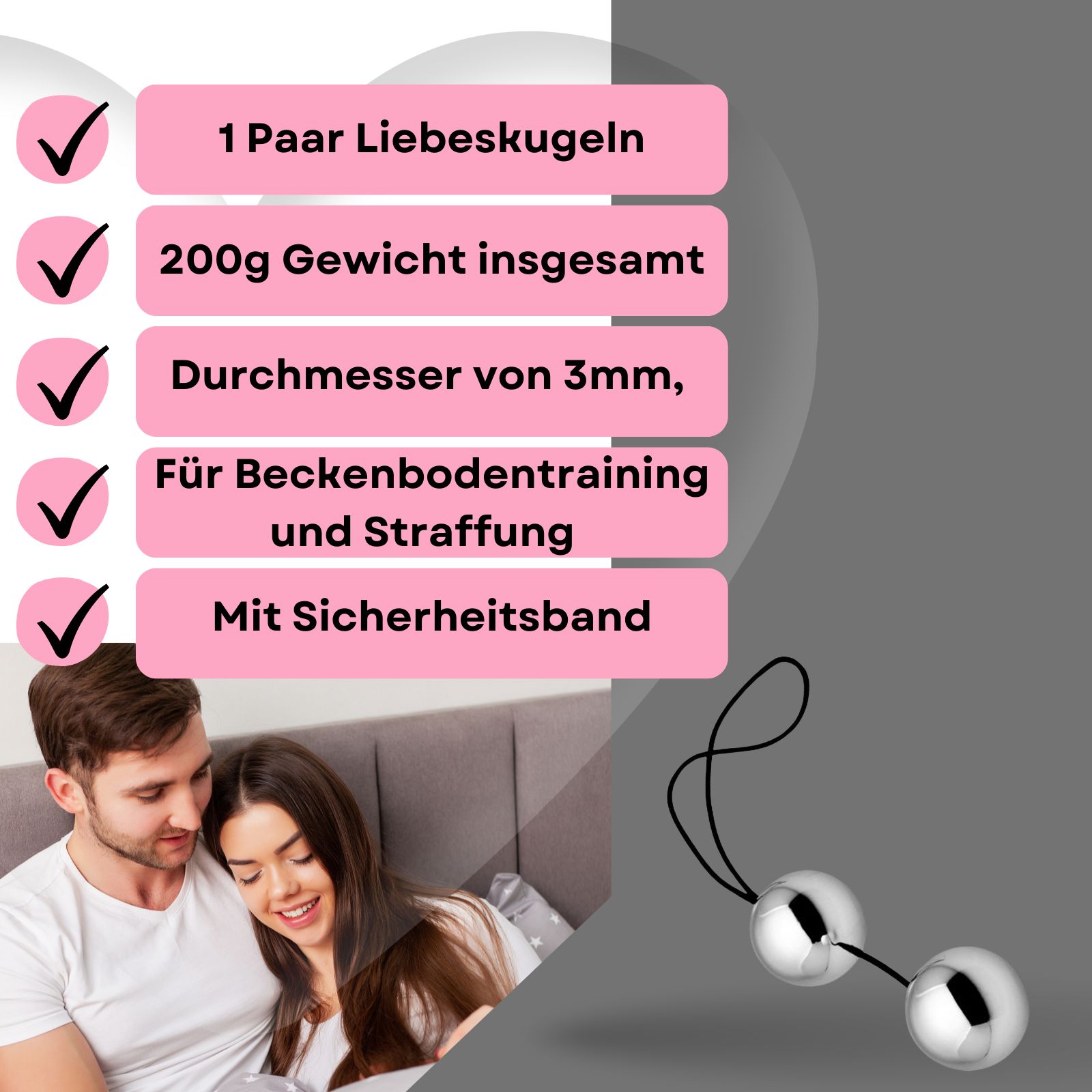 Zwei silberfarbene Kugeln mit schwarzem Band. Text: 1 Paar Liebeskugeln, 200g Gewicht, 3mm Durchmesser.