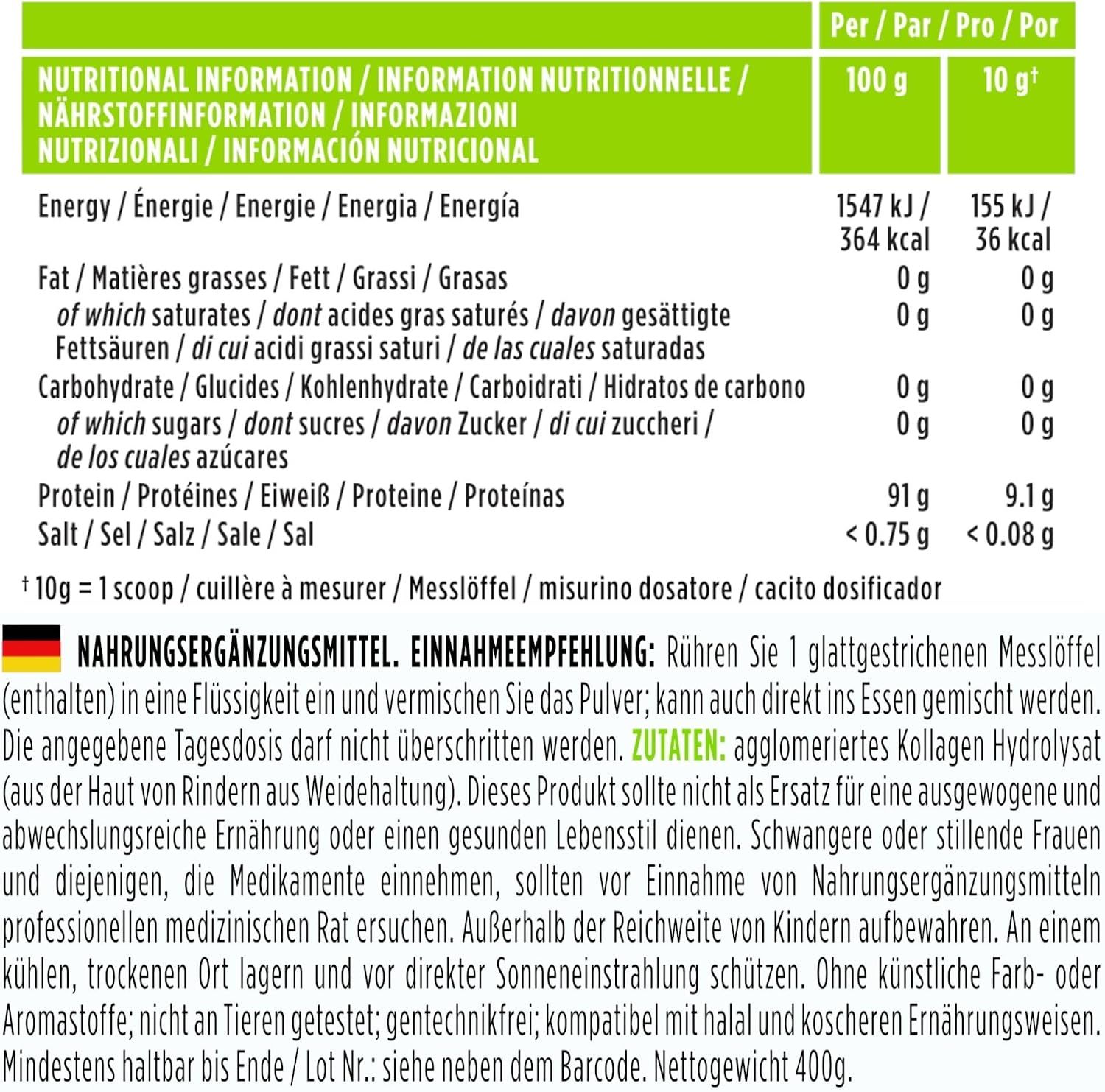 Nährwertangaben für Kollagen-Pulver.