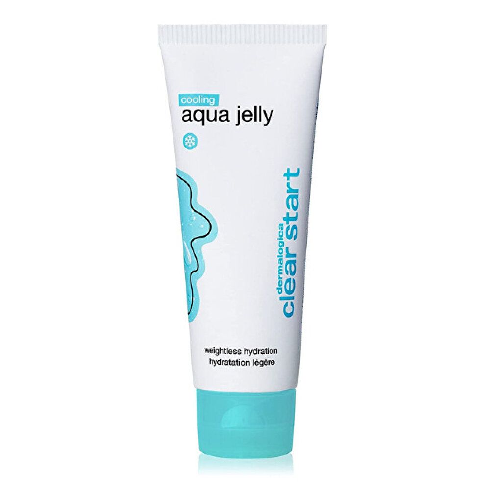 Weiße Tube und passende Box für 'cooling aqua jelly' mit türkisfarbenen Akzenten.