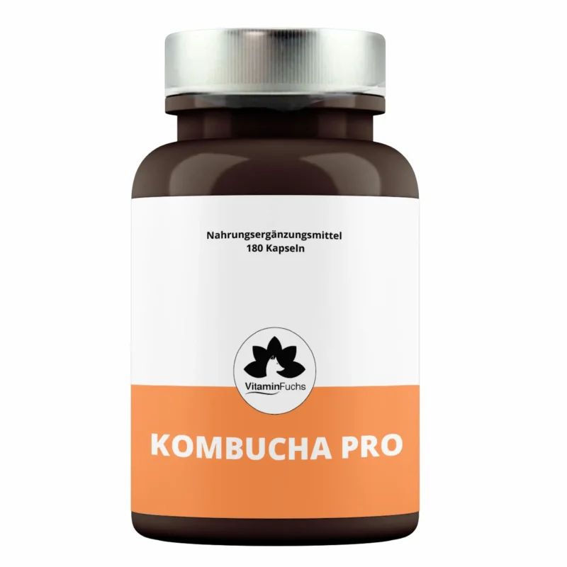 Braune Flasche mit Kombucha Pro Kapseln. Silberner Deckel. Aufschrift: Kombucha Pro. VitaminFuchs Logo.