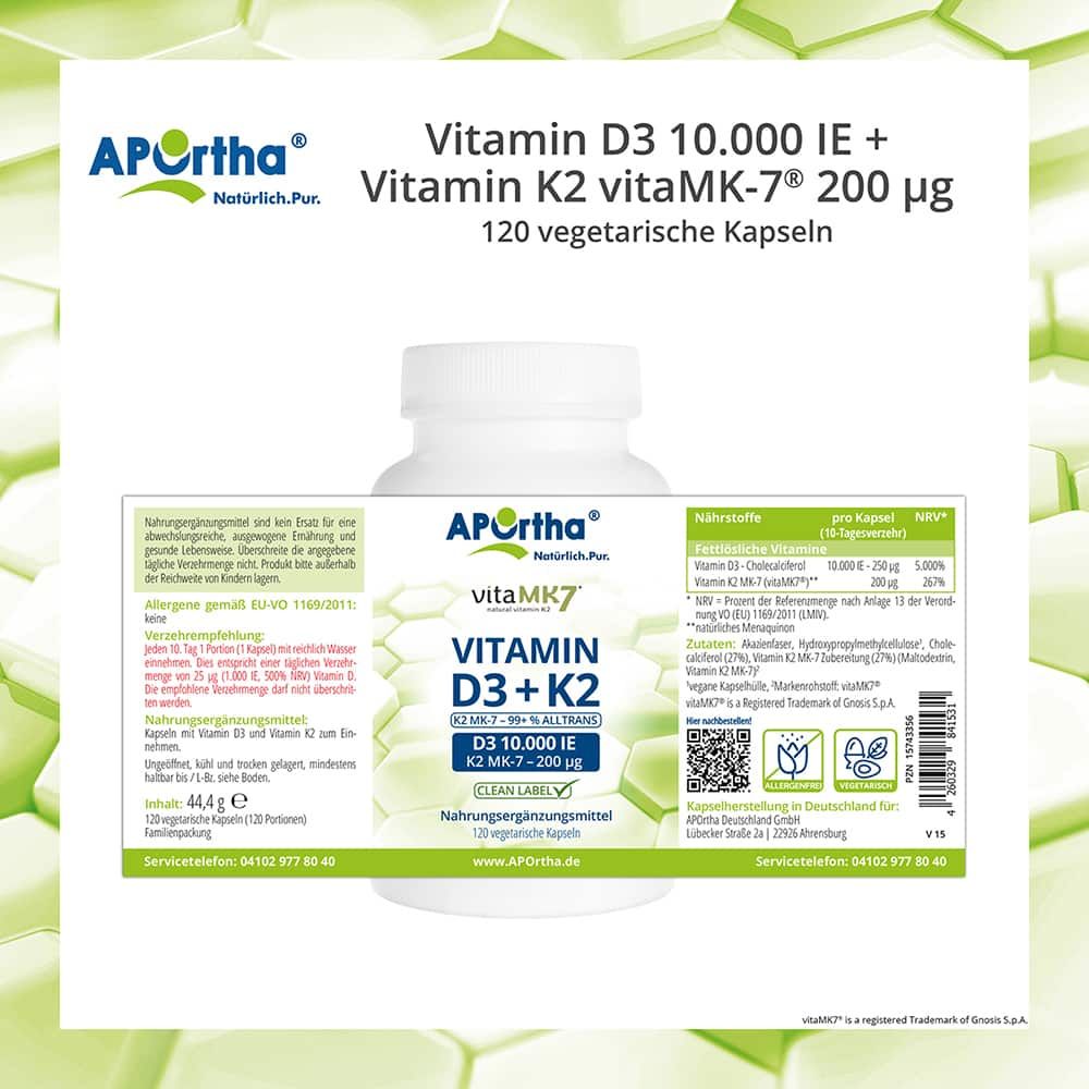 Produktflasche mit Etikett. Enthält Informationen zu Inhaltsstoffen, Nährwerten, Dosierung und Hersteller. QR-Code vorhanden.