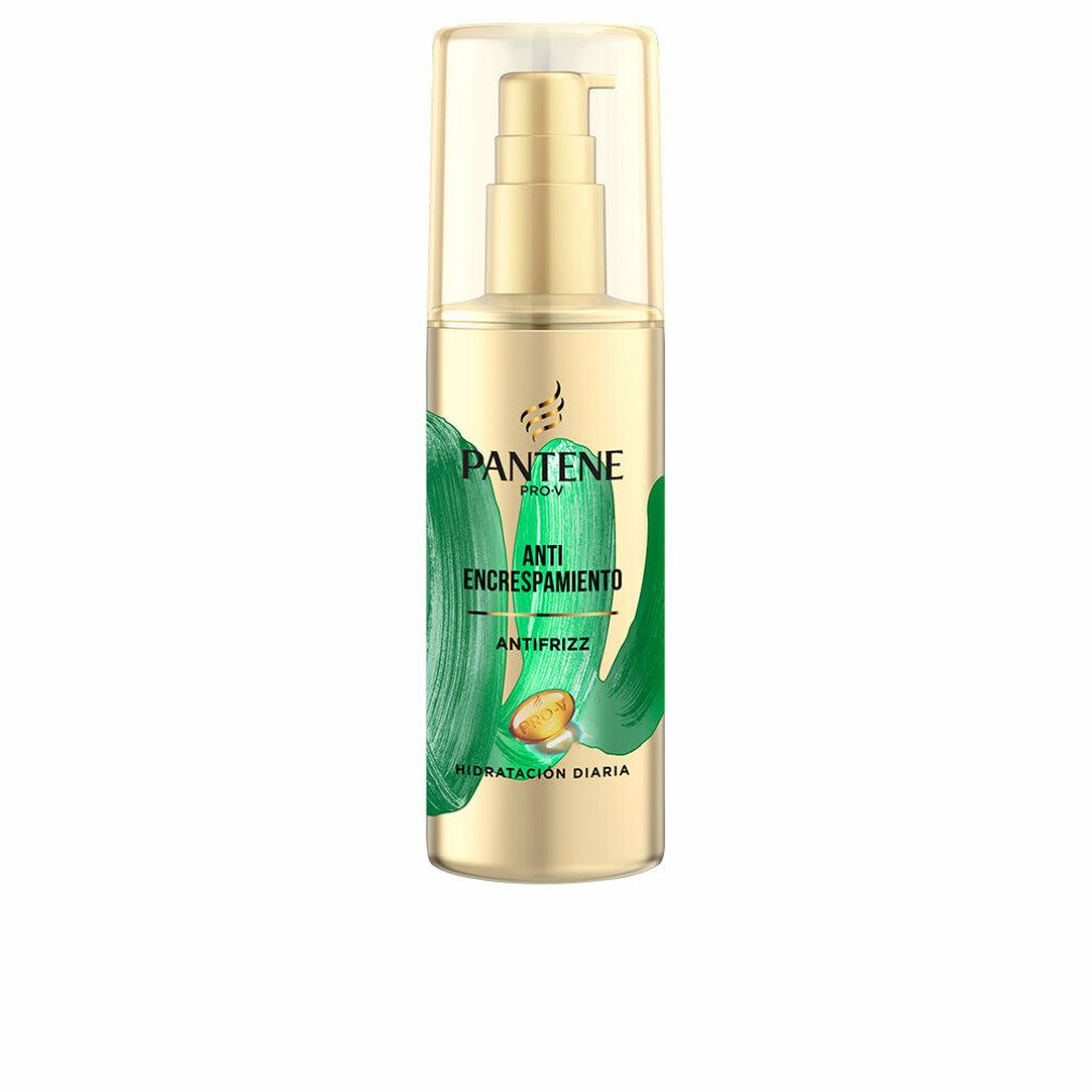 Goldfarbene Flasche mit Pumpverschluss. Aufschrift: PANTENE PRO-V, ANTI ENCRESPAMIENTO, ANTIFRIZZ, HIDRATACIÓN DIARIA. Grüne und gelbe Elemente.