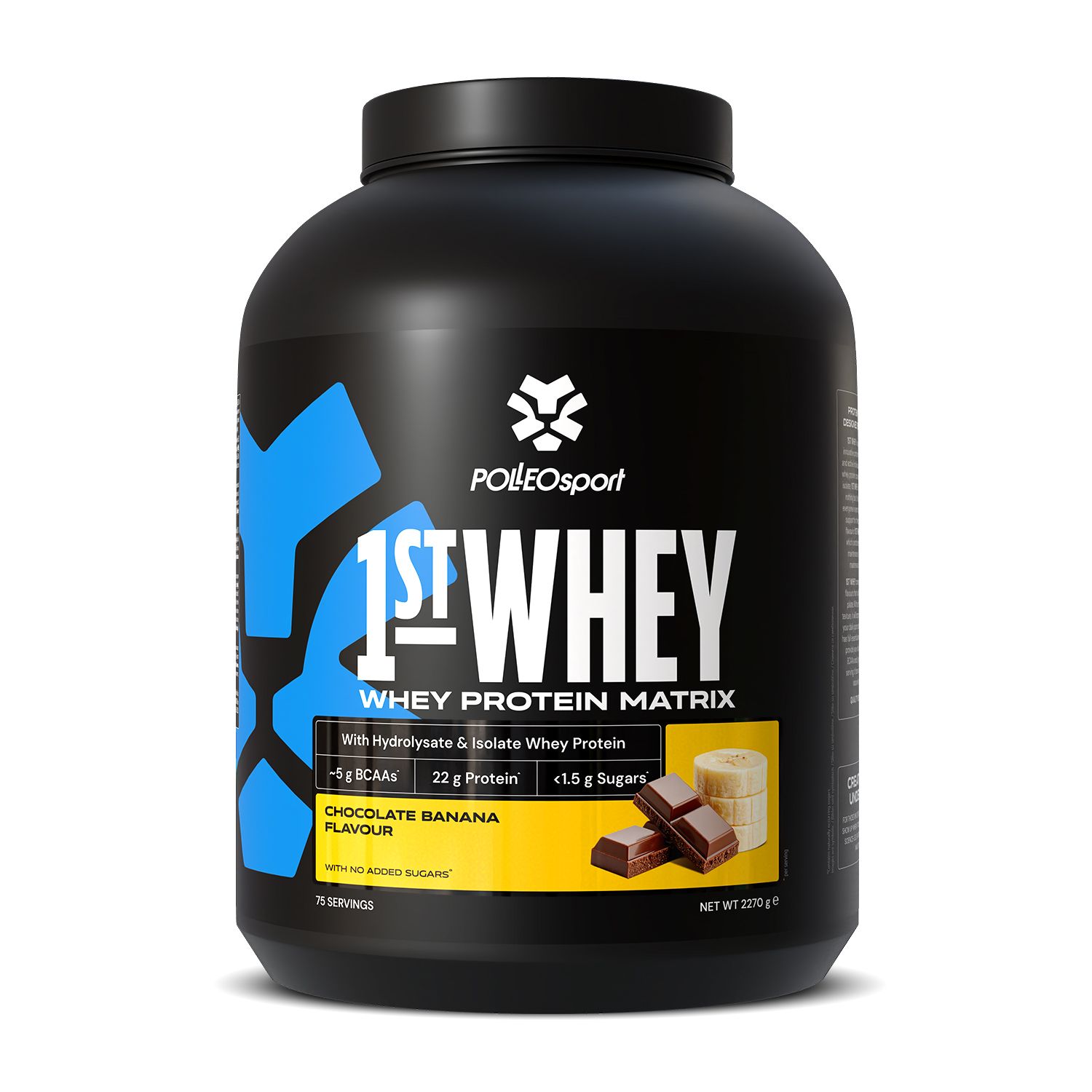 Schwarzer Behälter mit PolleoSport 1st Whey Protein Matrix, Schoko-Banane-Geschmack.
