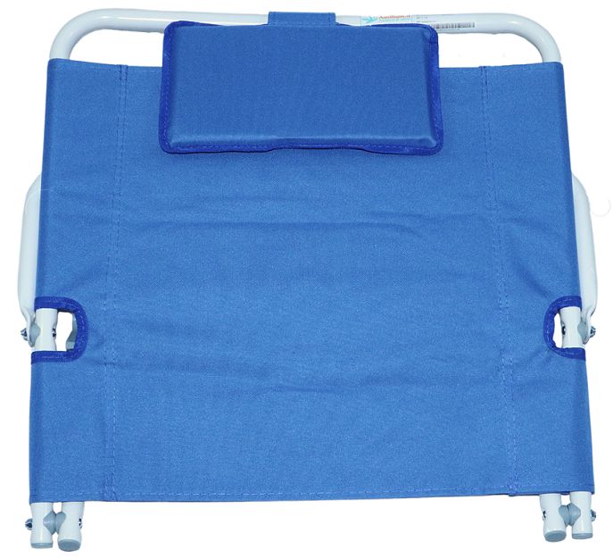 Blauer Stoff, weißer Rahmen, Kopfstütze. Verstellbare Kissenerhöhung für Behinderte, Senioren und Pflegebedürftige. Draufsicht.