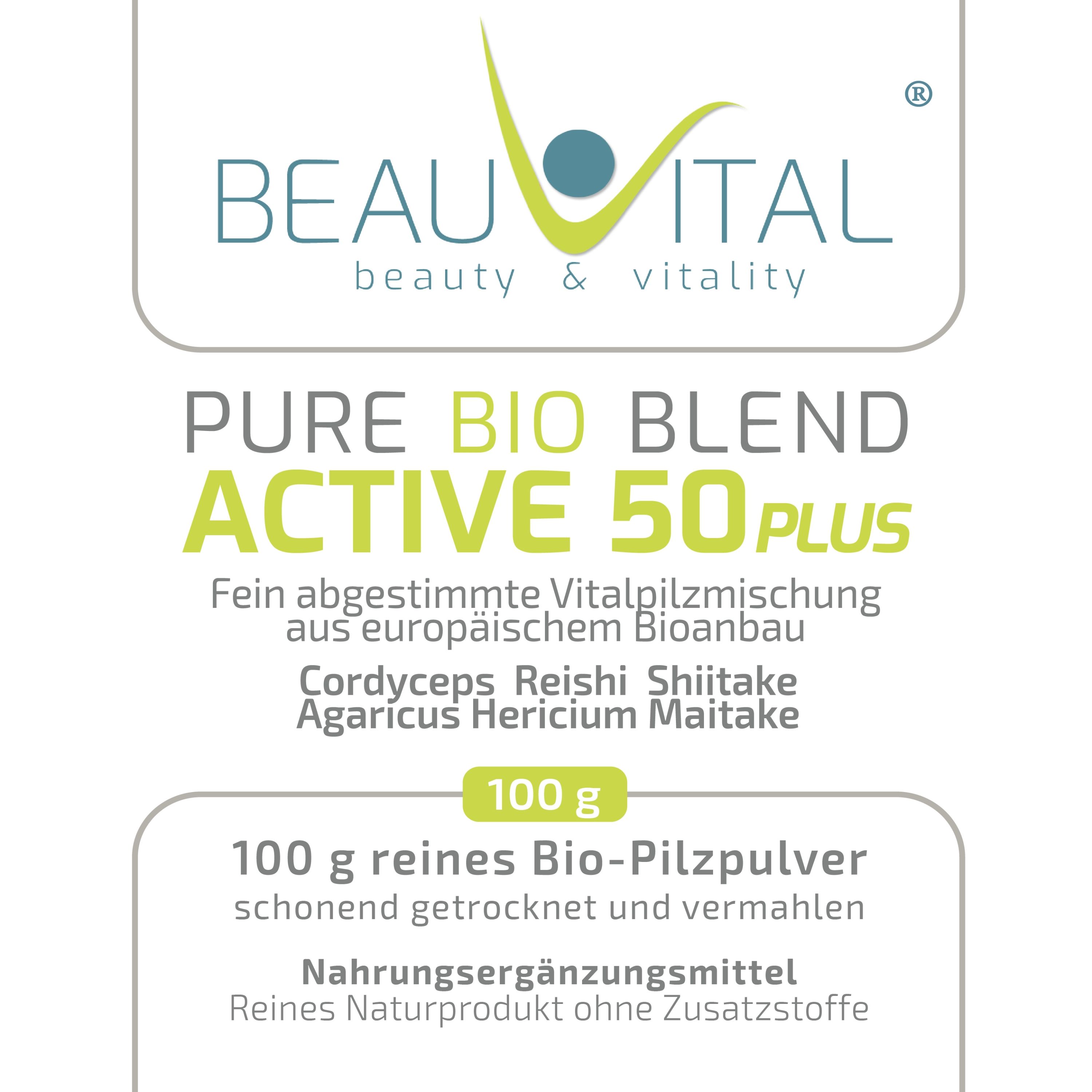 BEAUVITAL® Pure Bio Blend Active 50plus Vitalpilze Cordyceps Reishi Shiitake Agaricus Hericium Mait.