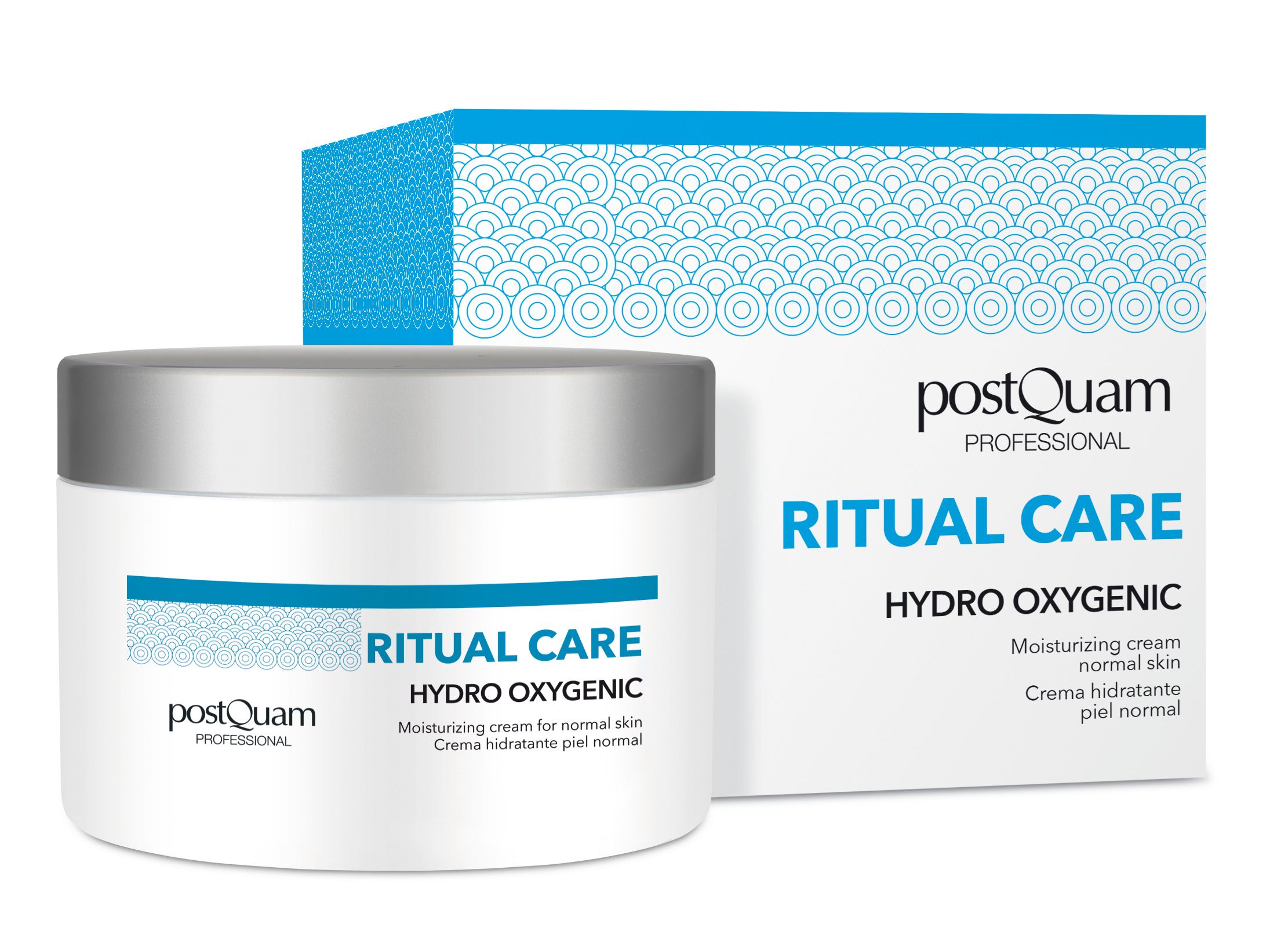 Creme-Tiegel und Schachtel. Aufschrift: Postquam, Ritual Care, Hydro Oxygenic. Für normale Haut.