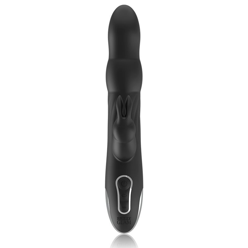 Schwarzer Vibrator mit Kaninchenform. Mit Bedienfeld und silbernen Akzenten.