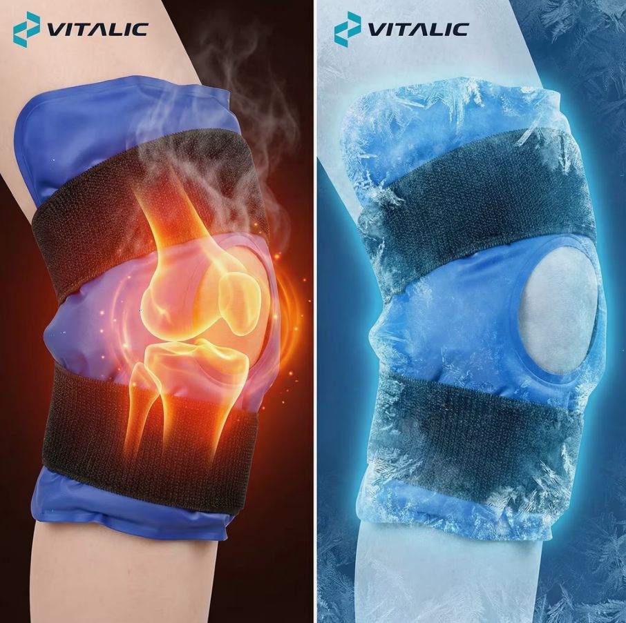 Kniegelpack am Bein. Links: Wärme, rechts: Kälte. Blaues Kniegelpack mit schwarzen Gurten.