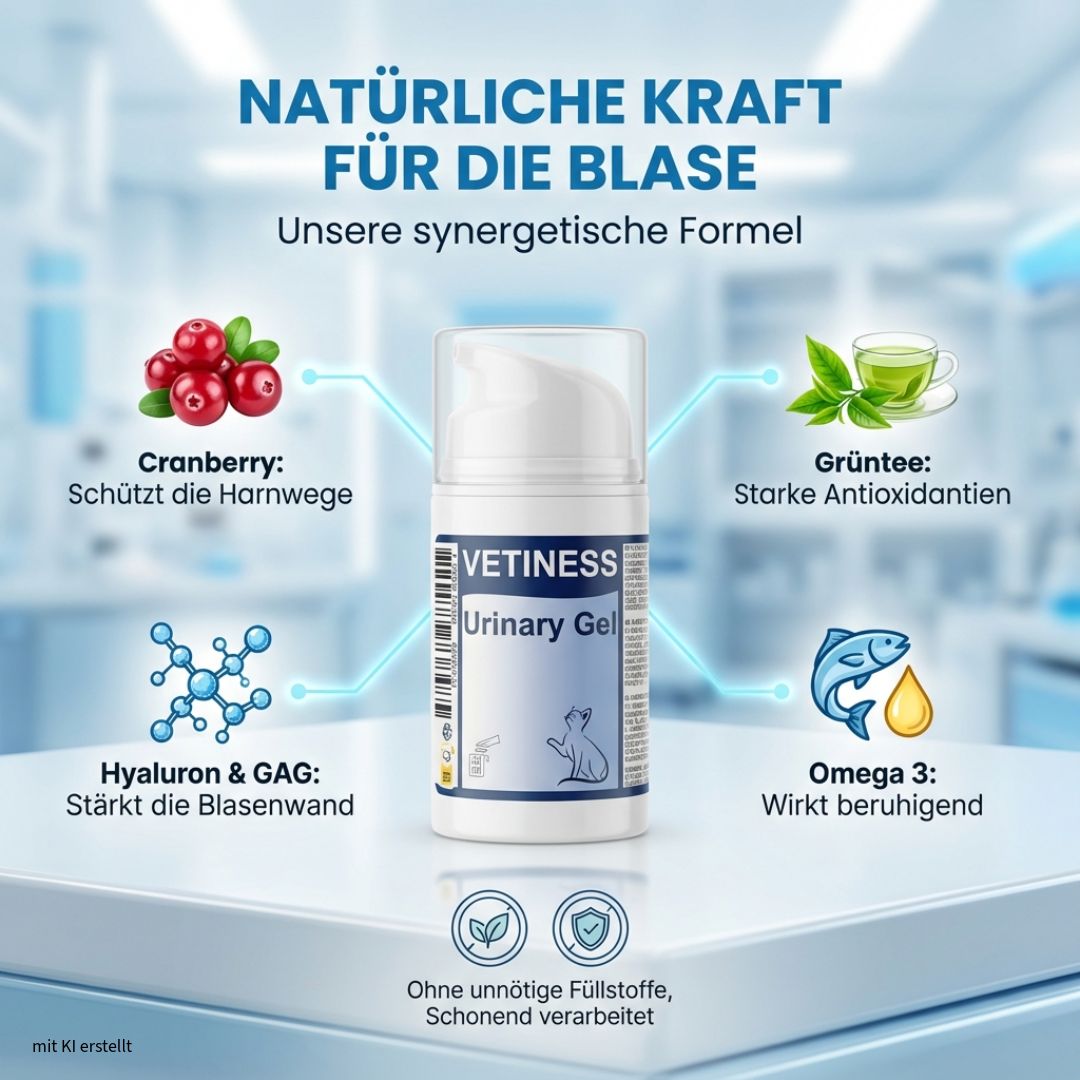 Weißer Pump-Spender "VETINESS Urinary Gel". Grafische Elemente: Cranberry, Grüntee, Omega 3, Hyaluron & GAG.