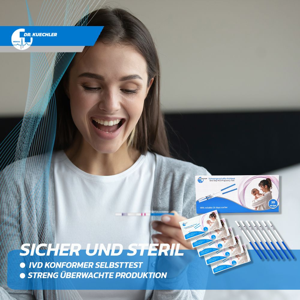 Frau mit Schwangerschaftstest. Packung und einzelne Tests im Hintergrund. "Sicher und steril".
