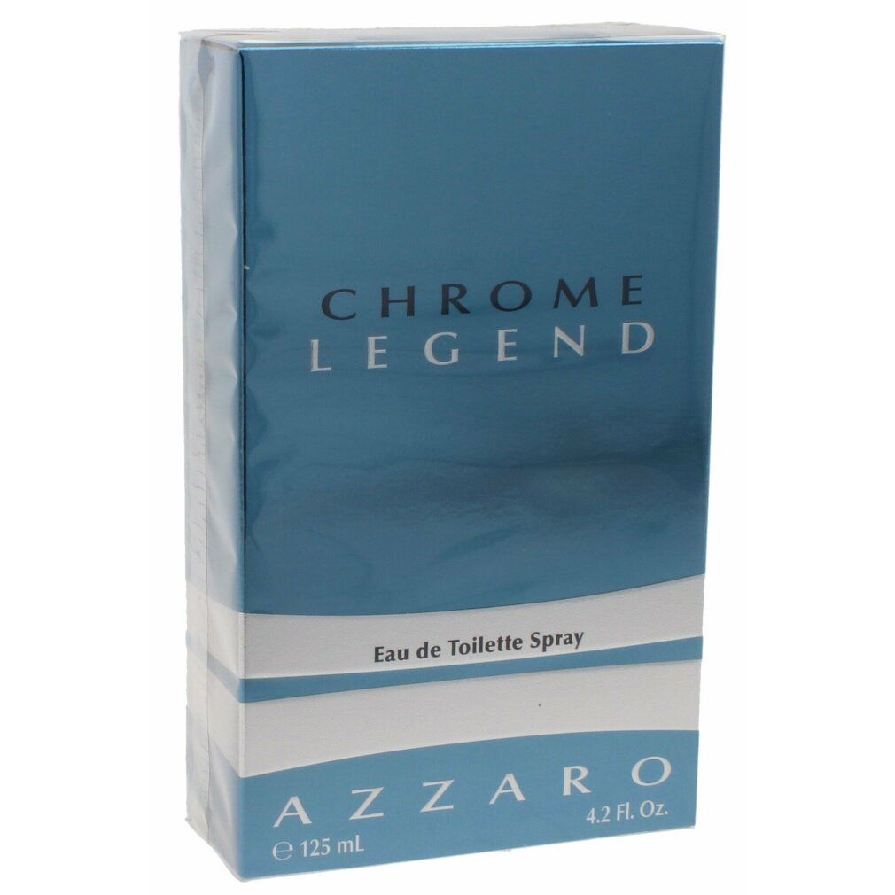 Azzaro Chrome Legend Eau de Toilette Verpackung. Hellblaue Schachtel mit Produktnamen und -details.