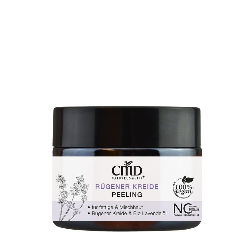 Braunes Tiegel mit schwarzem Deckel. Auf dem Etikett steht CMD Naturkosmetik, Rügener Kreide Peeling, 100% vegan und NC-Siegel.