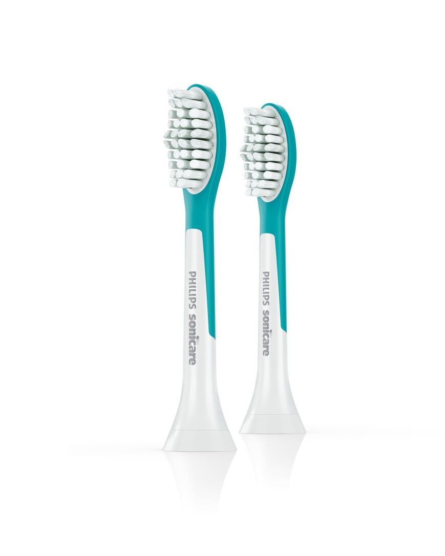 Zwei Zahnbürstenköpfe. Türkis-weiße Farbe. Aufschrift Philips Sonicare. Borsten weiß. Abgerundeter Bürstenkopf.