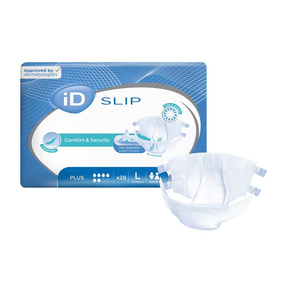 iD Slip Plus L. Packung mit blauen und weißen Windeln. Auf der Packung steht "Comfort & Security" und "Approved by dermatologists".