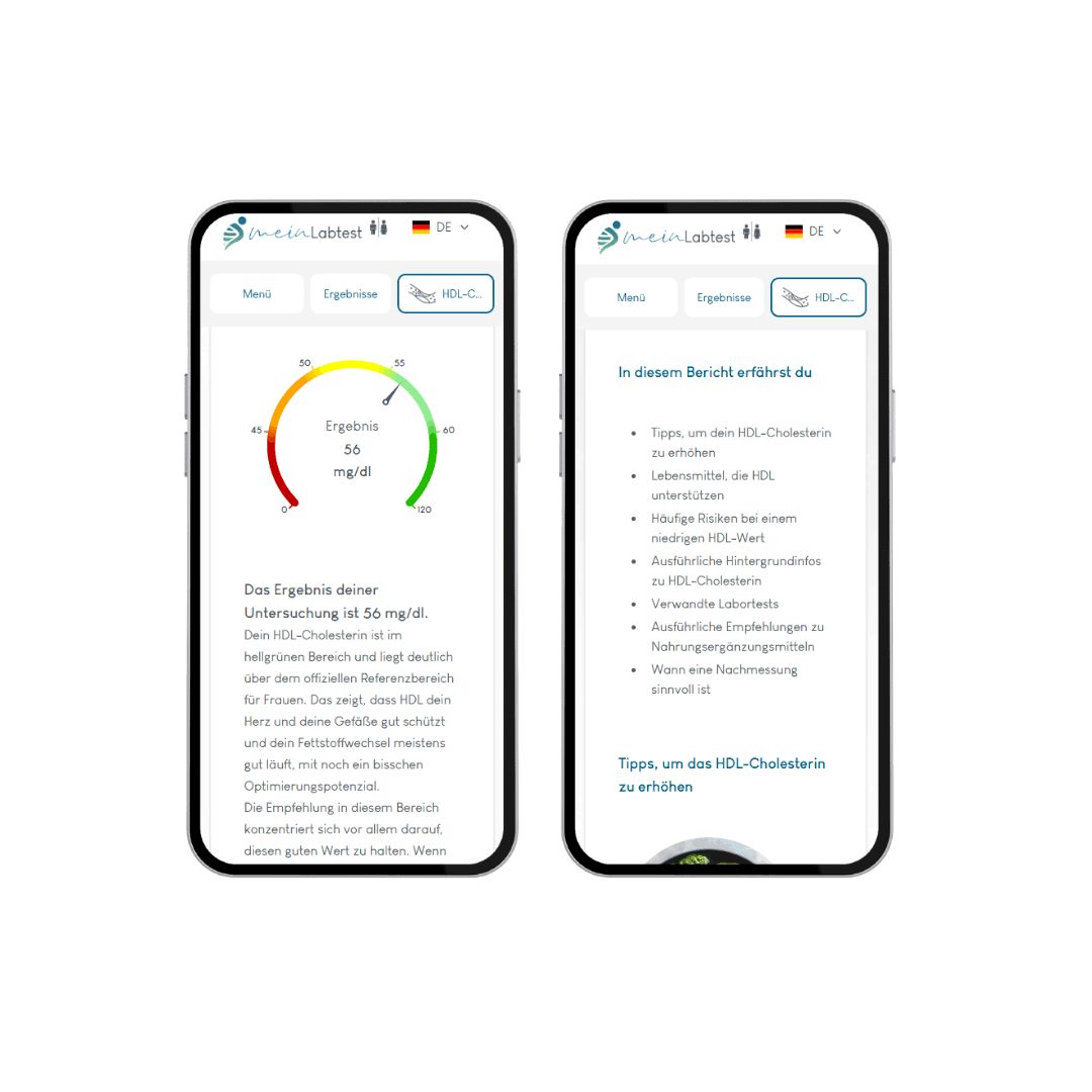 Zwei Smartphones mit Meinlabtest-App. Zeigen Testergebnisse und Informationen. App-Logo und Menüansicht.