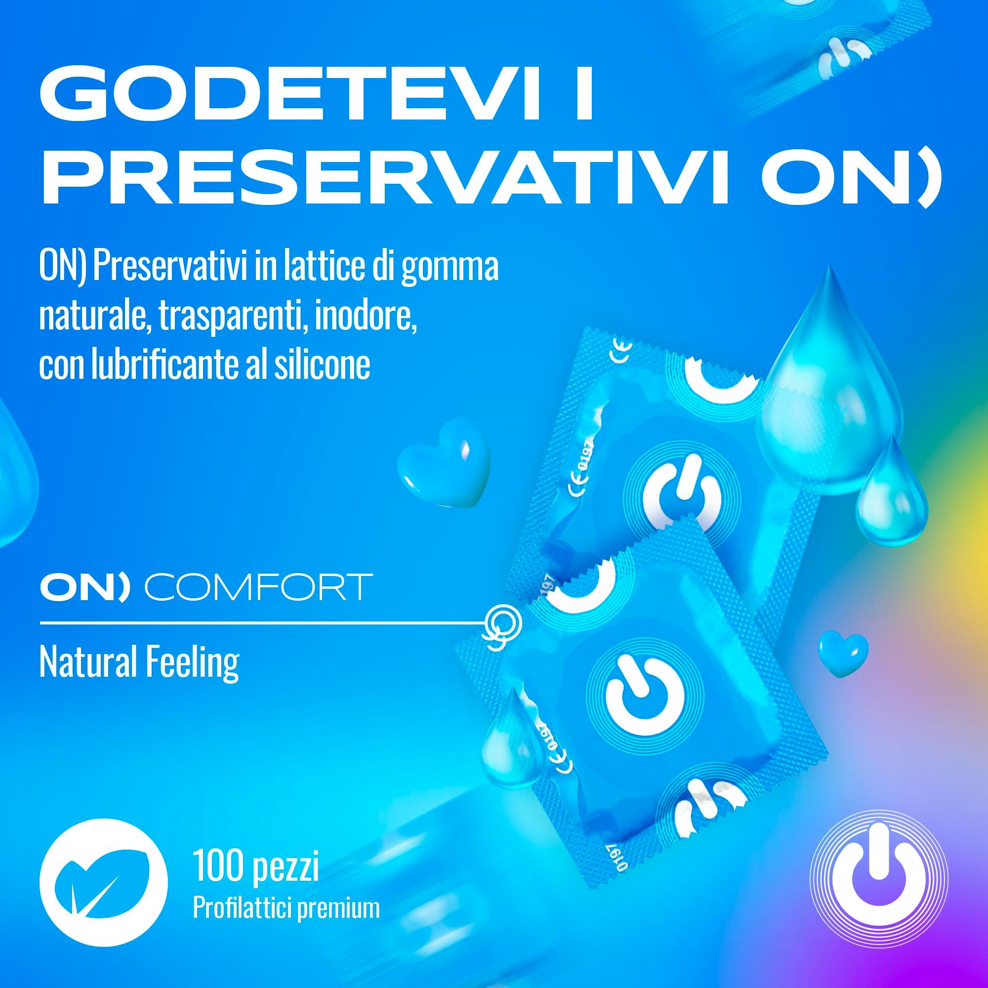 Produktbild: 100 Kondome, blau verpackt mit weißem Logo, "Natural Feeling" Aufdruck.