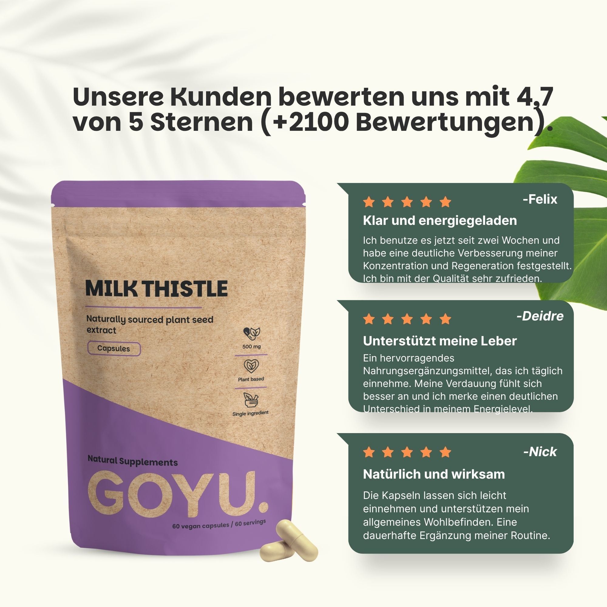 Milchdistel-Extrakt Kapseln, 500 mg, 60 vegane Kapseln pro Beutel.