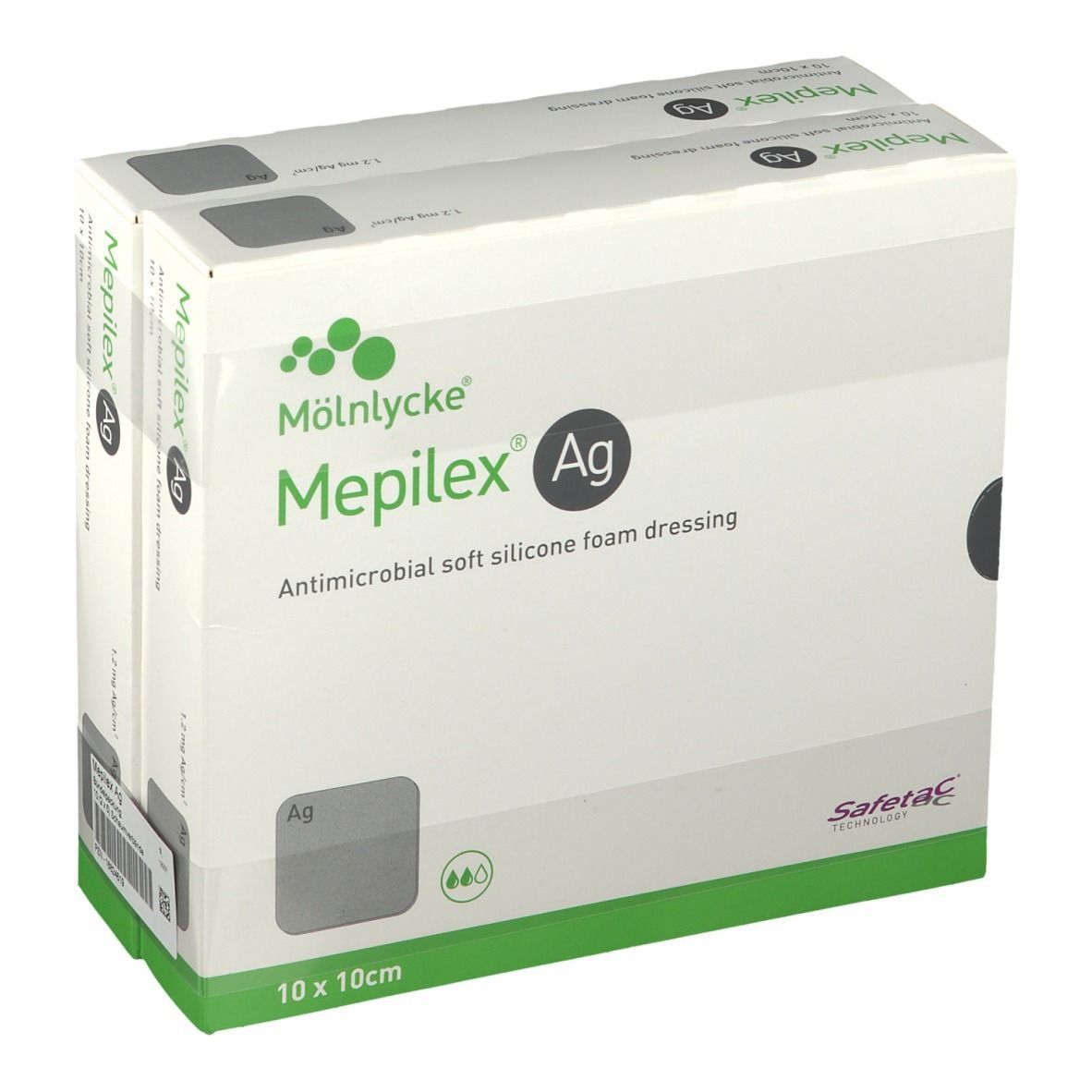 Verpackung von Mepilex Ag, antimikrobieller Silikonschaumverband. 10 x 10cm. Zwei Packungen sichtbar.