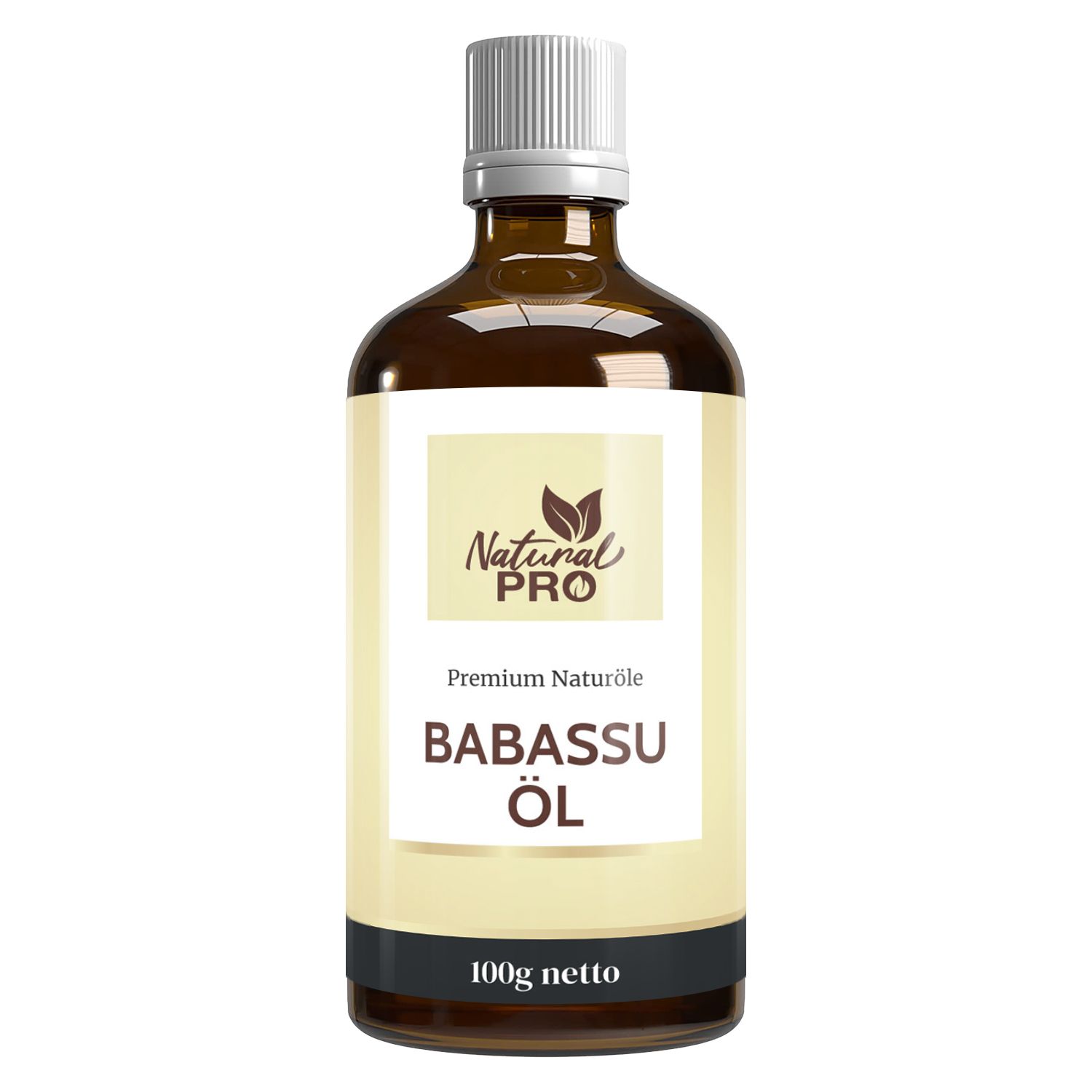 Braune Glasflasche mit weißem Etikett. Aufschrift: Babassu Öl. Logo: Natural Pro. Nettogewicht: 100g.