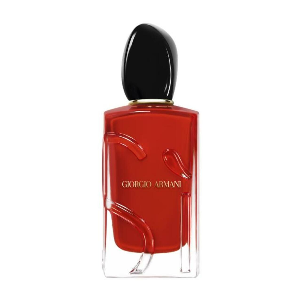 Roter Flakon mit schwarzem Verschluss. Giorgio Armani-Logo. Transparente Glasflasche mit roter Flüssigkeit. Dekorative Elemente.