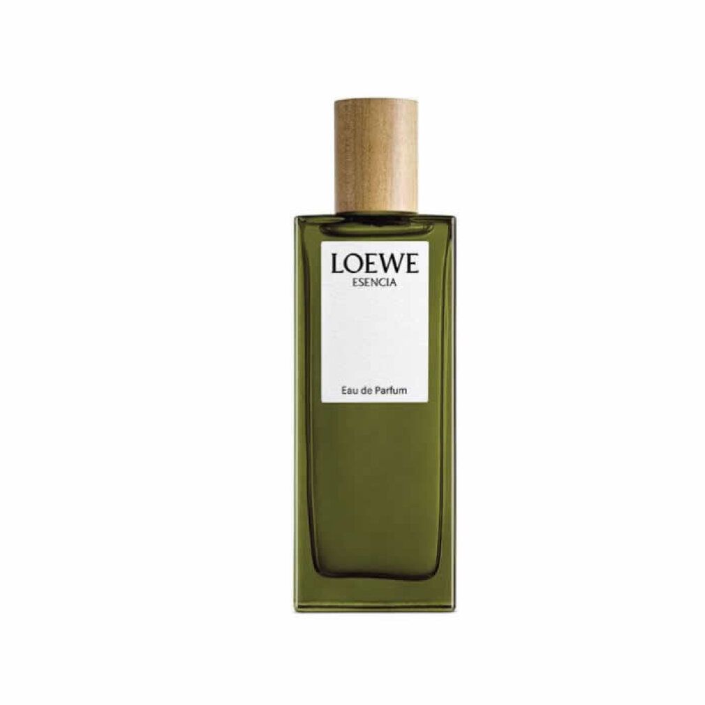 Grünes Parfümflakon mit Holzdeckel. Auf dem Etikett steht LOEWE ESENCIA Eau de Parfum.