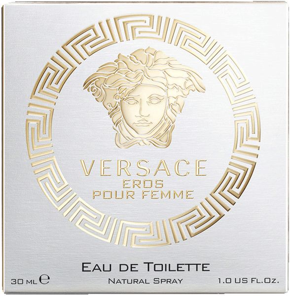Quadratische Schachtel mit Versace-Logo und 'Eros Pour Femme'. Aufschrift 'Eau de Toilette' und '1.0 US FL OZ'.