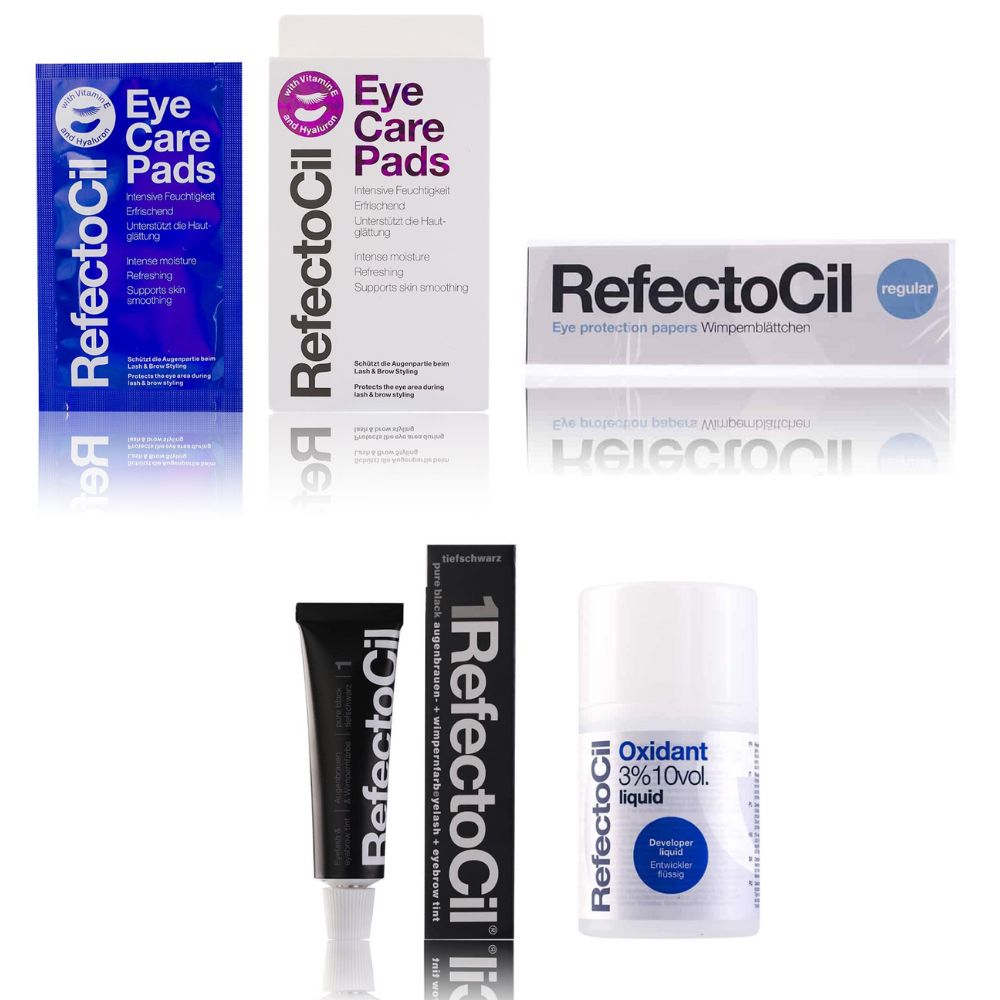 Refectocil Wimpernfarbe tiefschwarz 1 & Oxidant flüssig 3% Wimpernblättchen Eye Care Pads Set 15 ml Creme