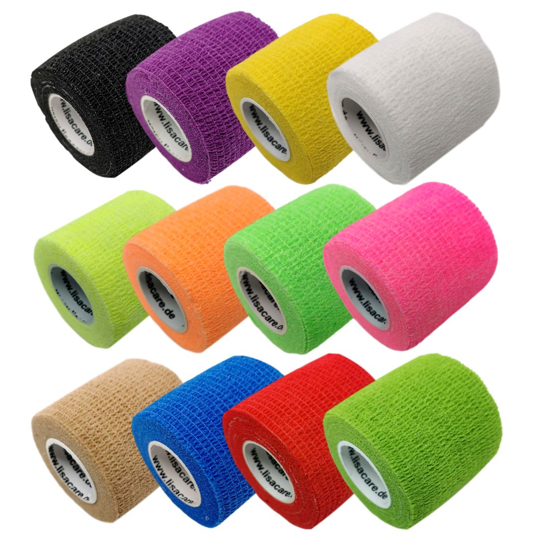Zehn kohäsive Bandagen in verschiedenen Farben: Schwarz, Lila, Gelb, Weiß, Hellgrün, Orange, Dunkelgrün, Pink, Beige, Blau, Rot.