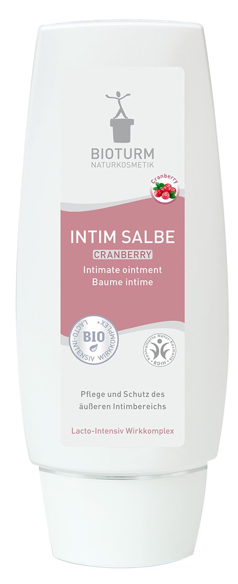 Weißer Behälter mit Produktetikett. Aufschrift: INTIM SALBE, Cranberry. Logos: BIOTURM, BIO, BDIH.
