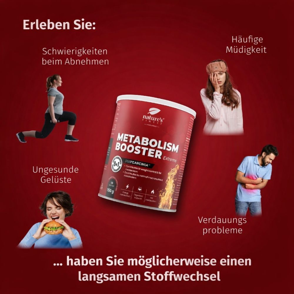 Dose Nature's Finest Metabolism Booster Extreme umgeben von Icons zu Problemen bei Stoffwechsel.