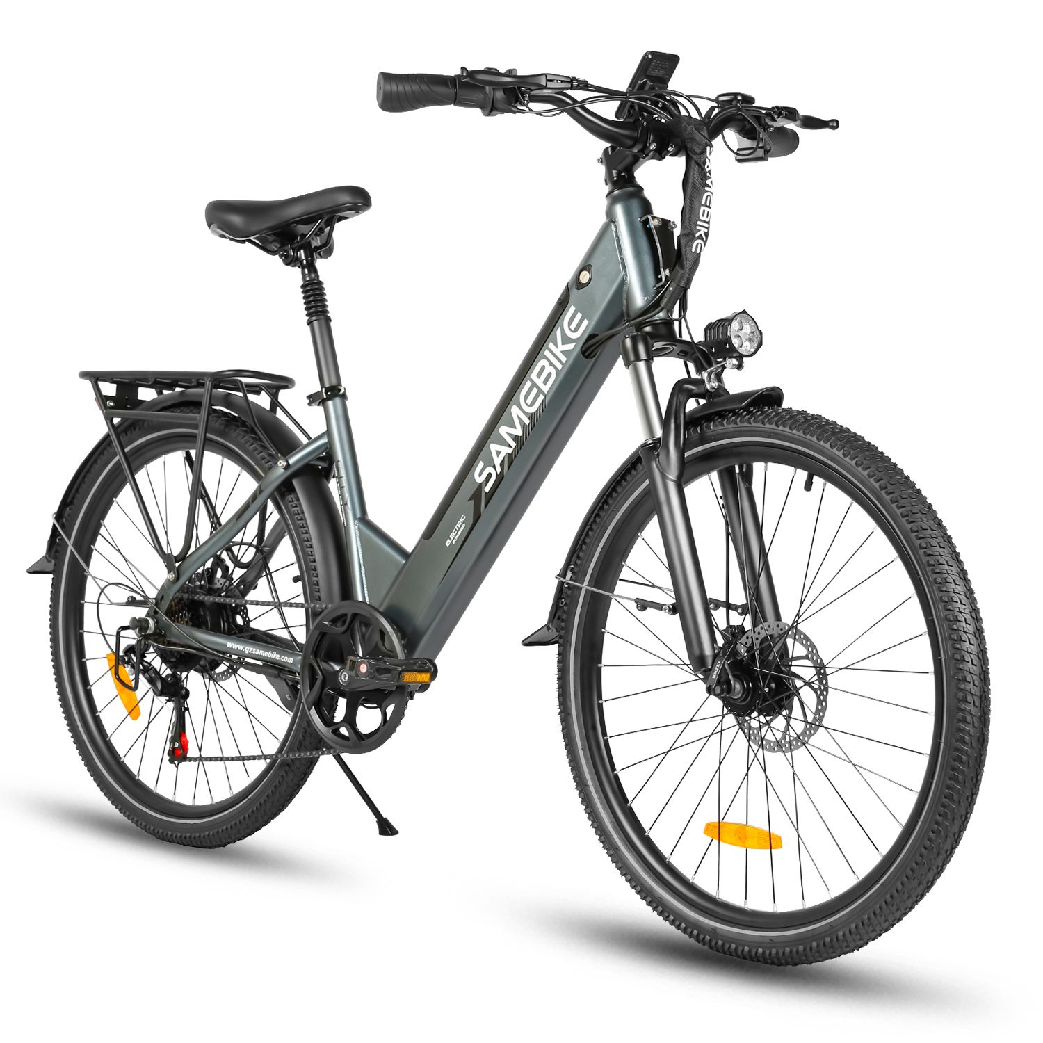 SAMEBIKE RS-A01 Pro-T Elektrofahrrad, grau. Schwarze Reifen, Sattel, Lenker. Frontscheinwerfer. Gepäckträger. Seitenansicht.