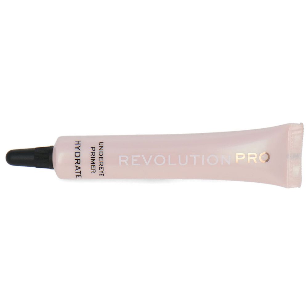 Eine Tube Makeup Revolution Pro Feuchtigkeitsspendende Augenkontur-Basis. Die hellrosa Tube hat einen schwarzen Applikator. Auf der Tube steht in Großbuchstaben "REVOLUTION PRO", darunter "UNDEREYE PRIMER" und "HYDRATE".