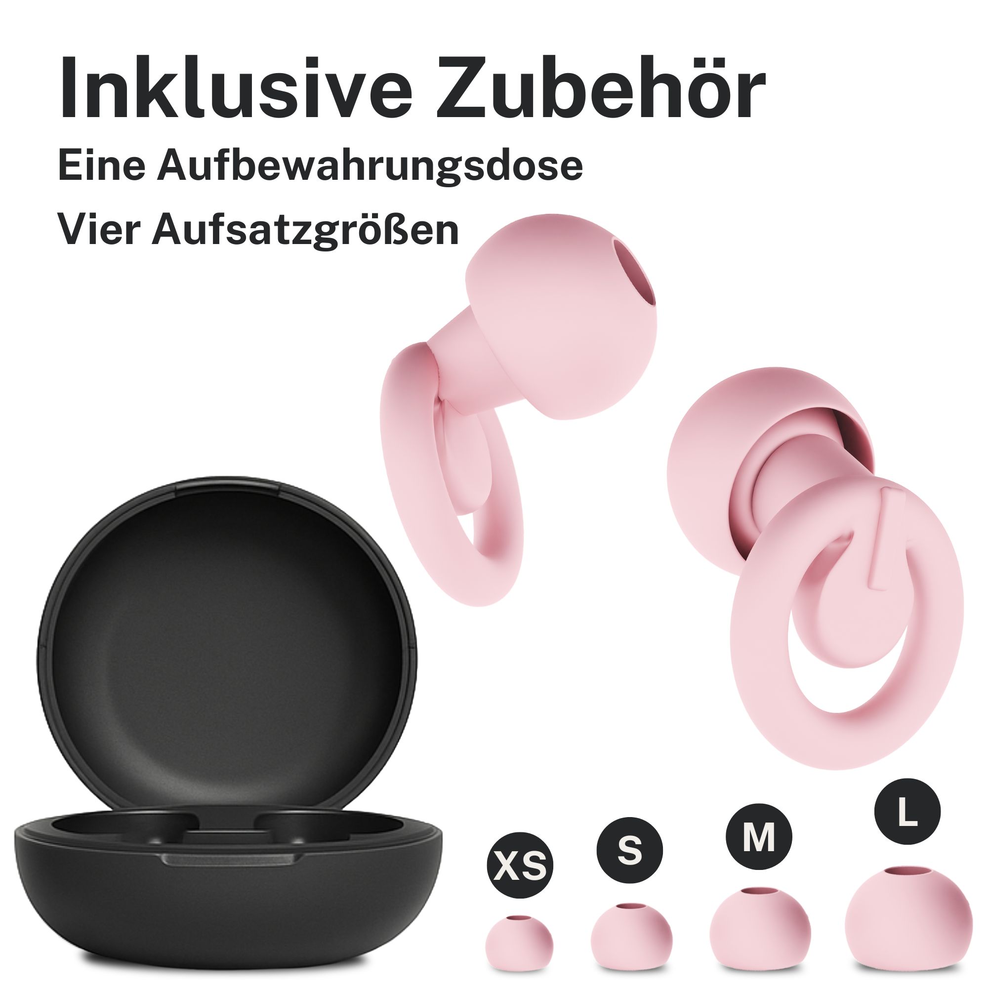 Rosa Ohrstöpsel mit Aufbewahrungsdose und vier Aufsatzgrößen: XS, S, M, L. Schwarze Dose.