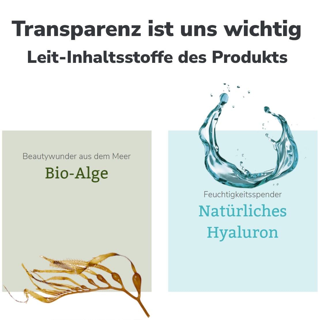 Zwei Bildausschnitte. Oben: Text über Inhaltsstoffe. Unten: Bio-Alge und natürliches Hyaluron. Hintergrund: hellgrün und hellblau.