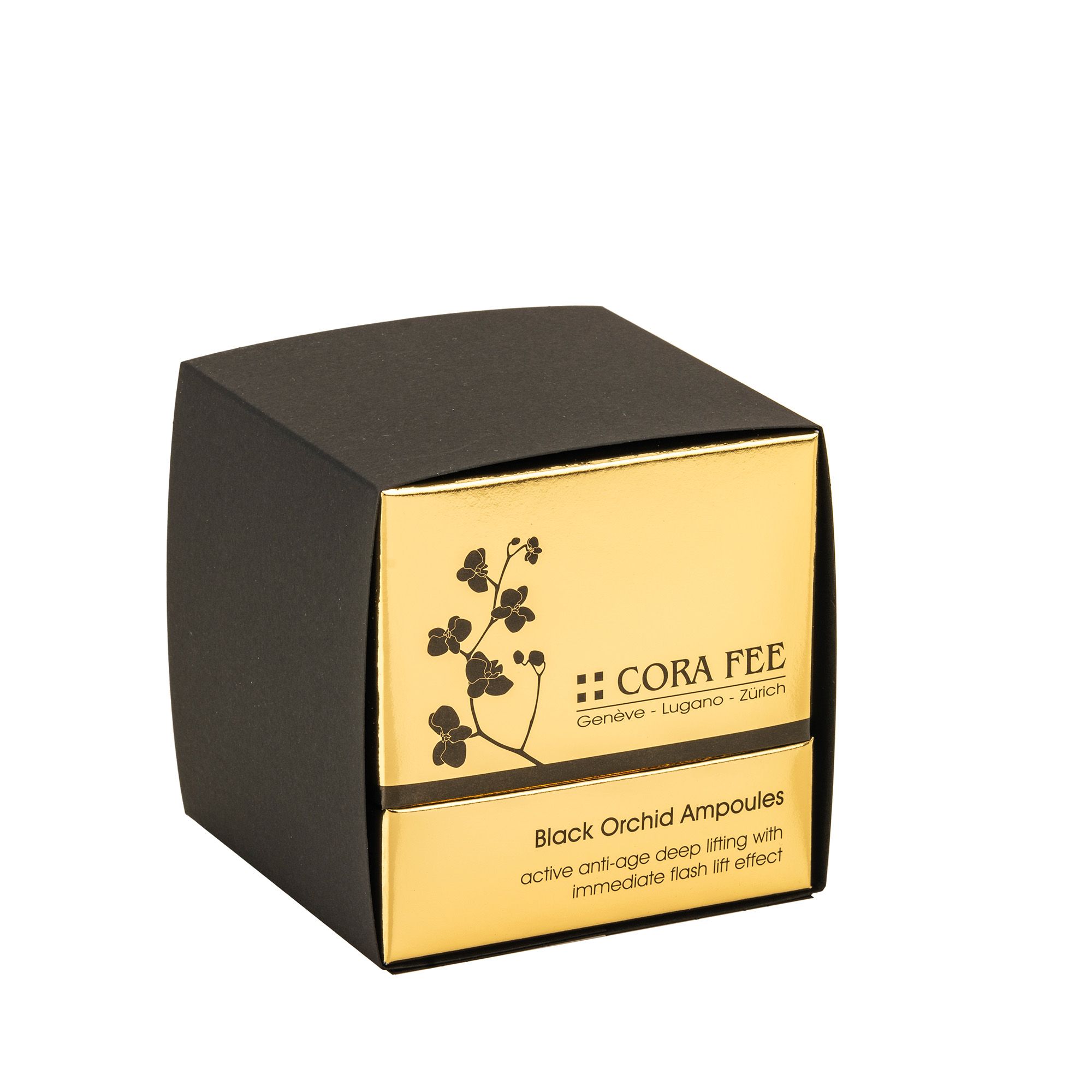 Schwarze und goldfarbene Schachtel. Text: Black Orchid Ampoules, Cora Fee. Logo und Produktbezeichnung.